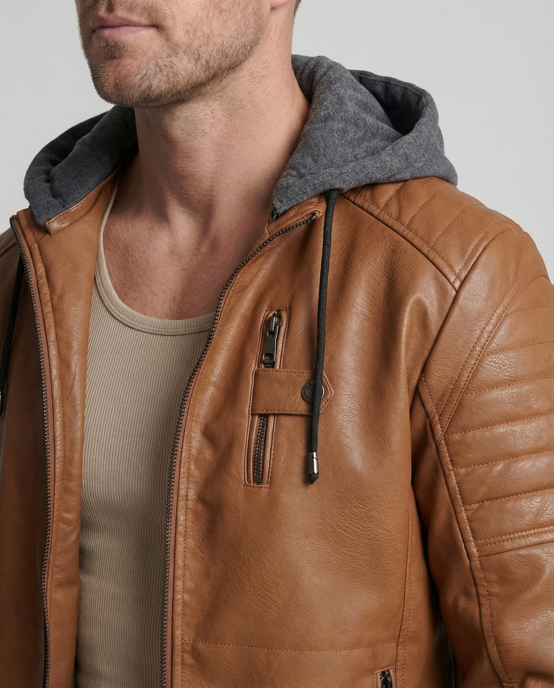 Herren Lederblouson mit Sweatkapuze & Steppdetails - Image 3