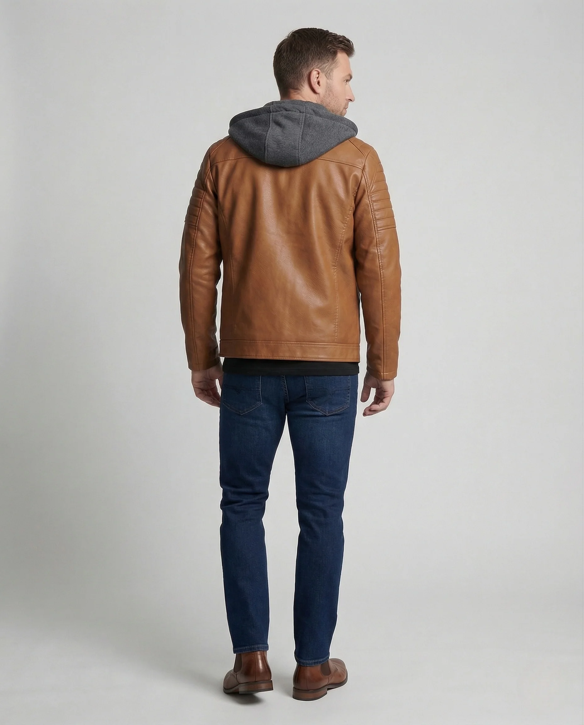 Herren Lederblouson mit Sweatkapuze & Steppdetails - Image 4