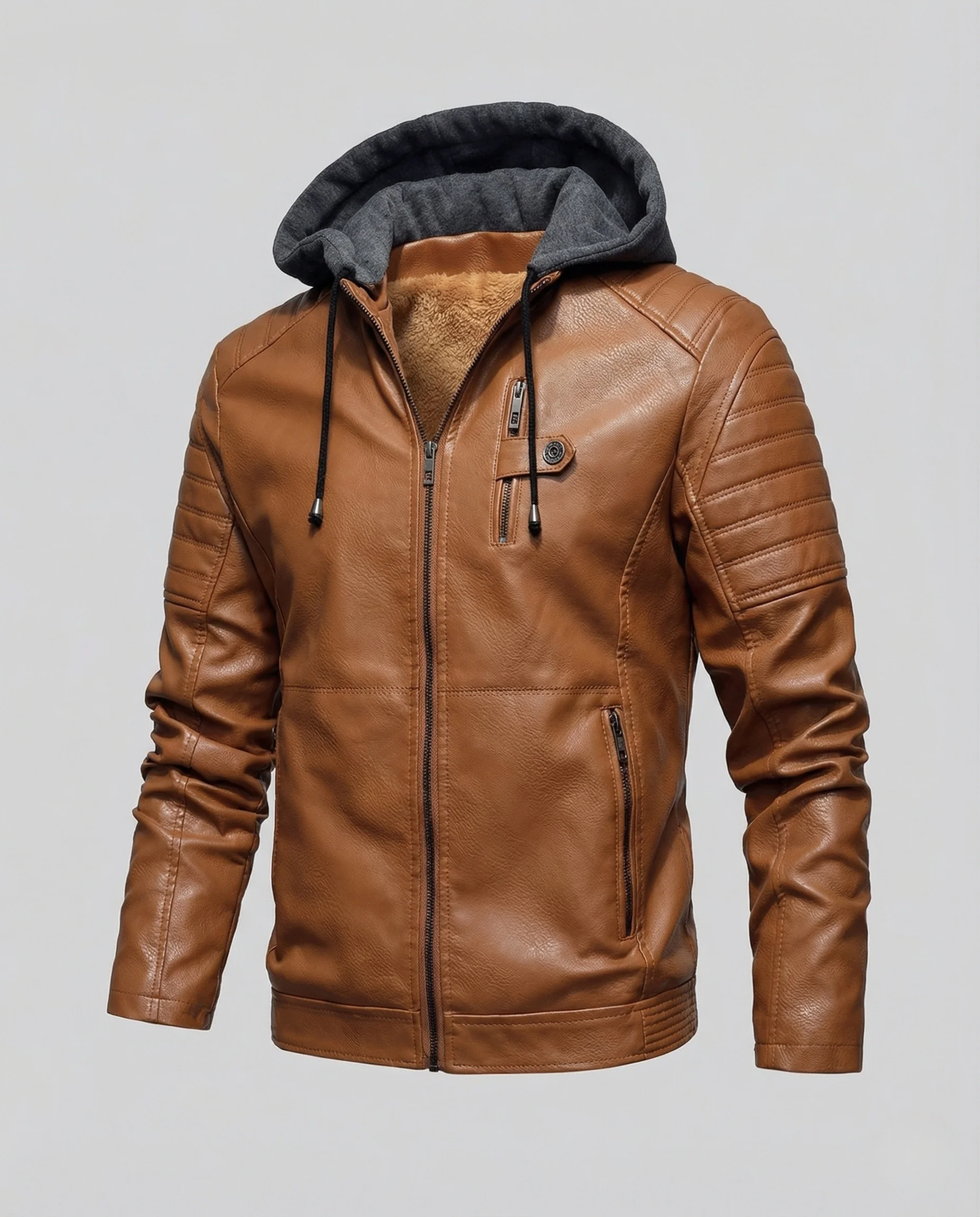 Herren Lederblouson mit Sweatkapuze & Steppdetails - Image 5