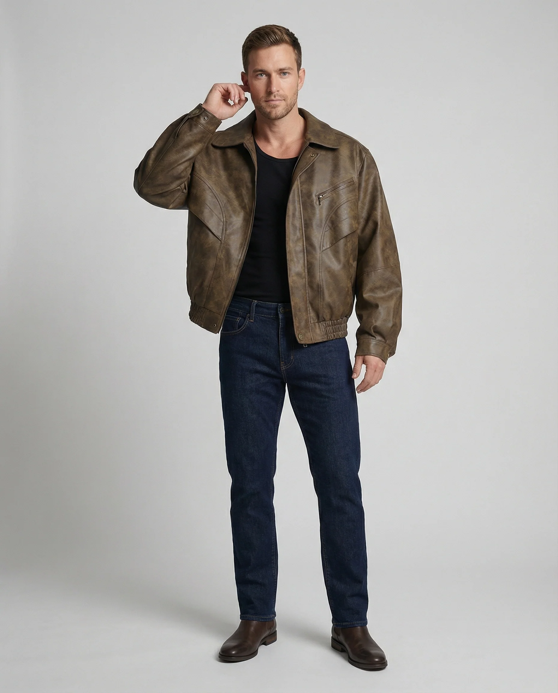Herren vintage-inspirierter Pilotenblouson aus Lederimitat mit Ziernähten und elastischem Bund Heidi-Mode - Image 2