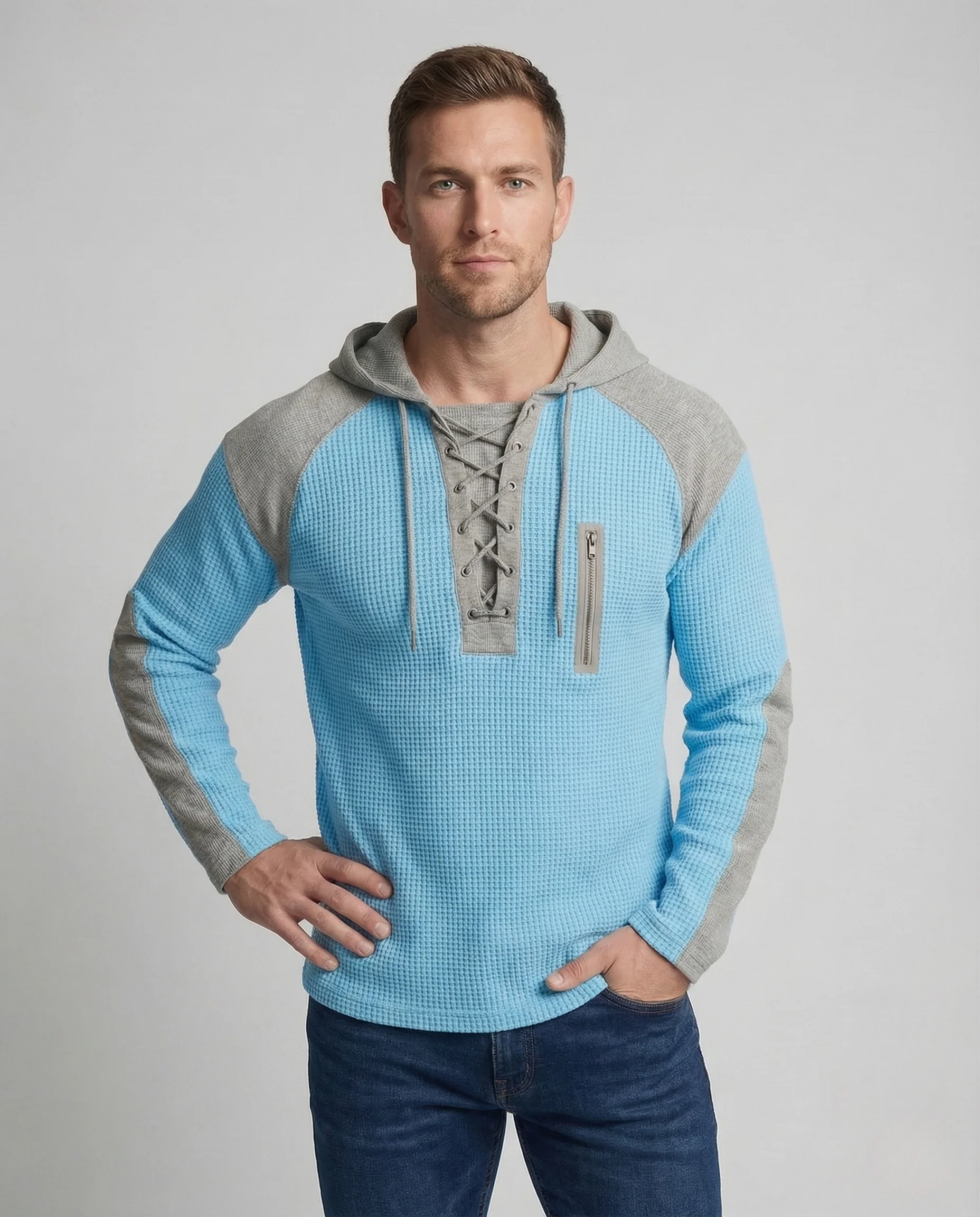 Herren Waffelstrick Hoodie Kapuze Reißverschluss Tasche - Image 2