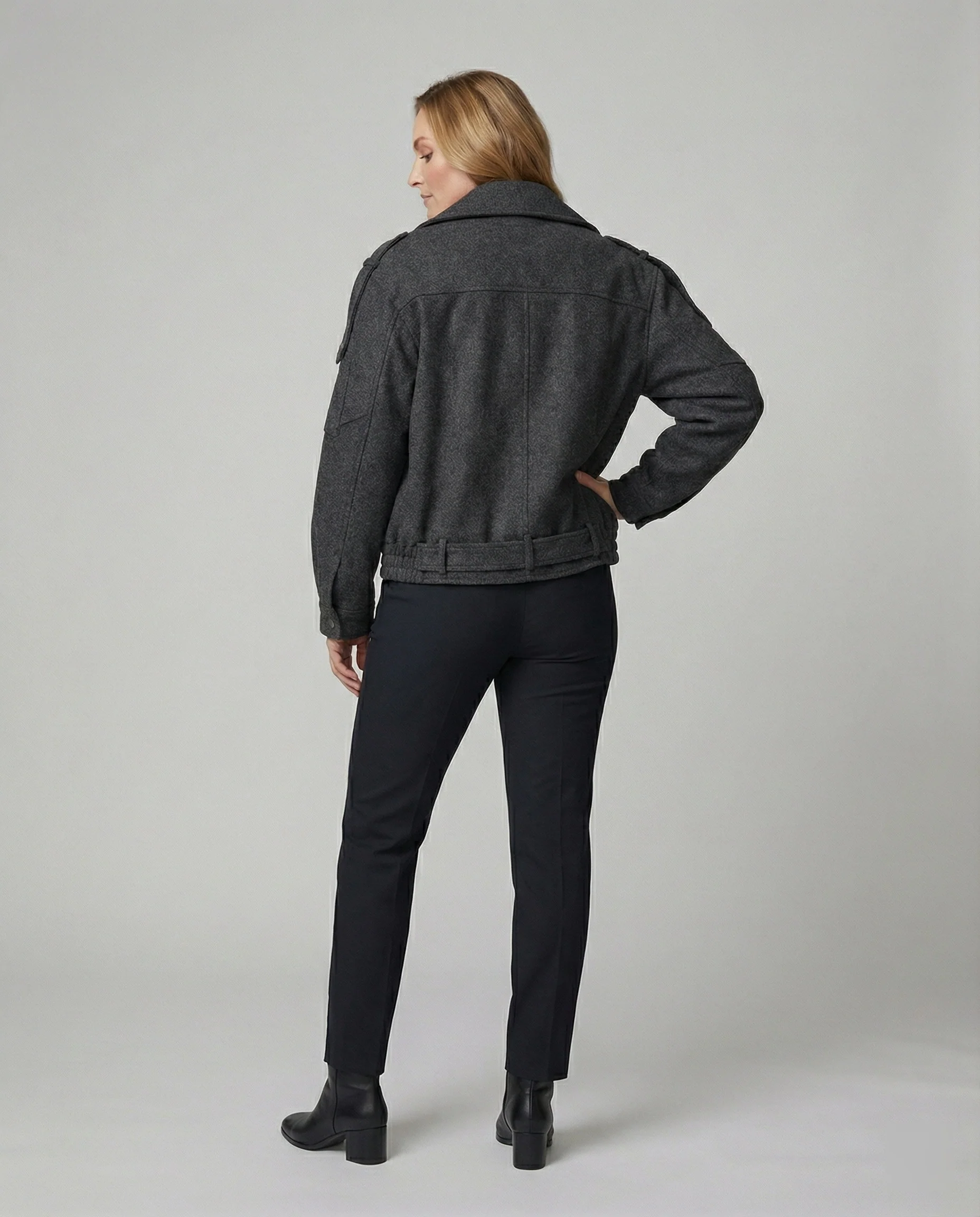 Weit geschnittene Wollmix-Bikerjacke mit großem Revers und Taillengürtel Heidi-Mode - Image 3
