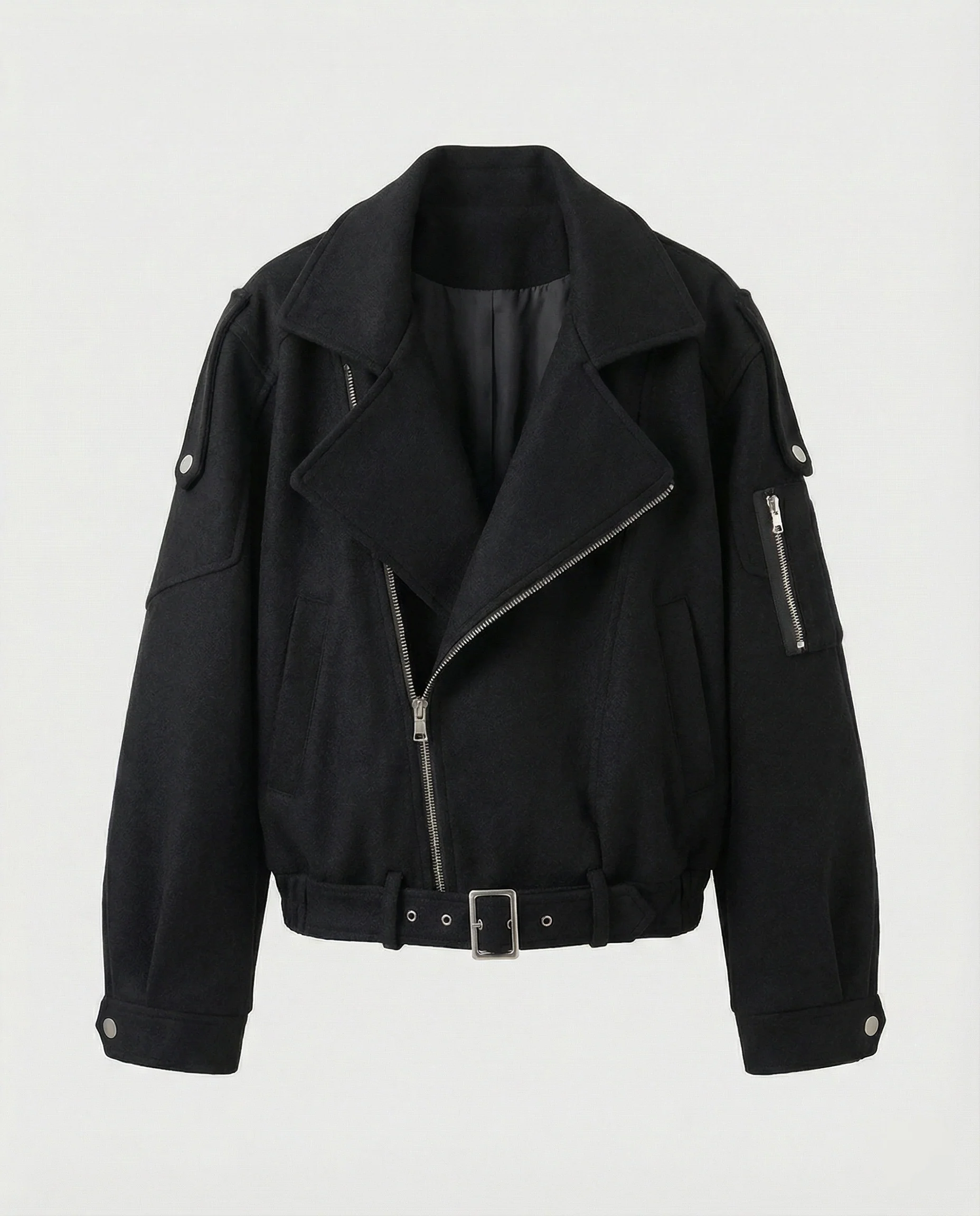 Weit geschnittene Wollmix-Bikerjacke mit großem Revers und Taillengürtel Heidi-Mode - Image 5