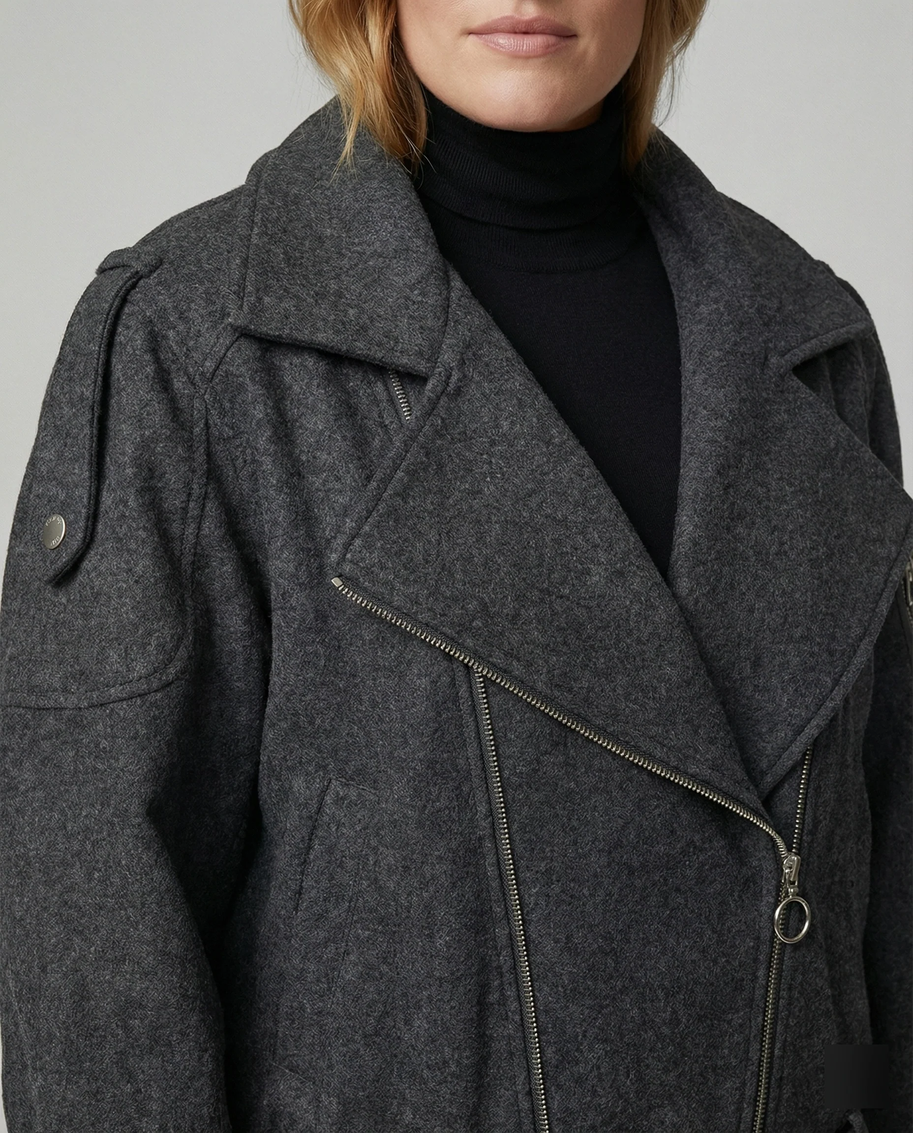 Weit geschnittene Wollmix-Bikerjacke mit großem Revers und Taillengürtel Heidi-Mode - Image 6