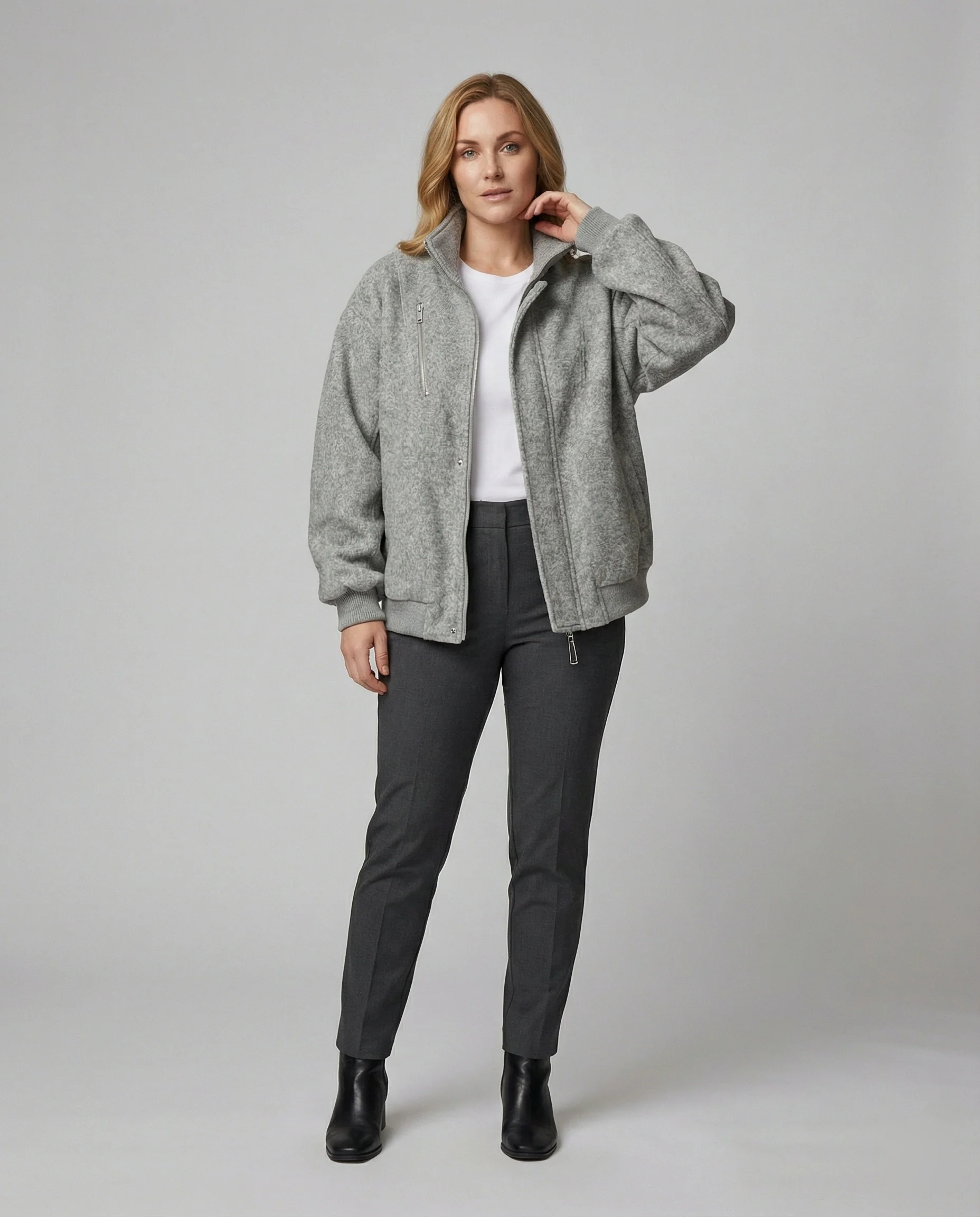 Weit geschnittene Wollmix-Übergangsjacke mit Stehkragen und vertikalen Reißverschlusstaschen Heidi-Mode - Image 3