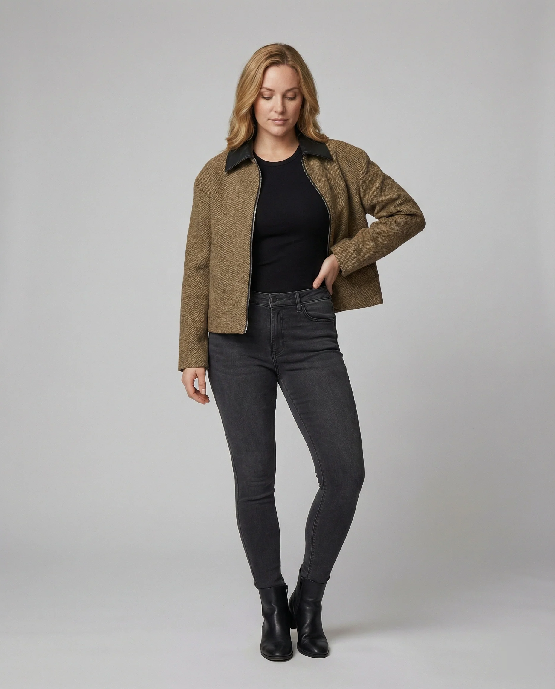 Wollmix-Blouson mit Lederkragen und verdecktem Reißverschluss Heidi-Mode
