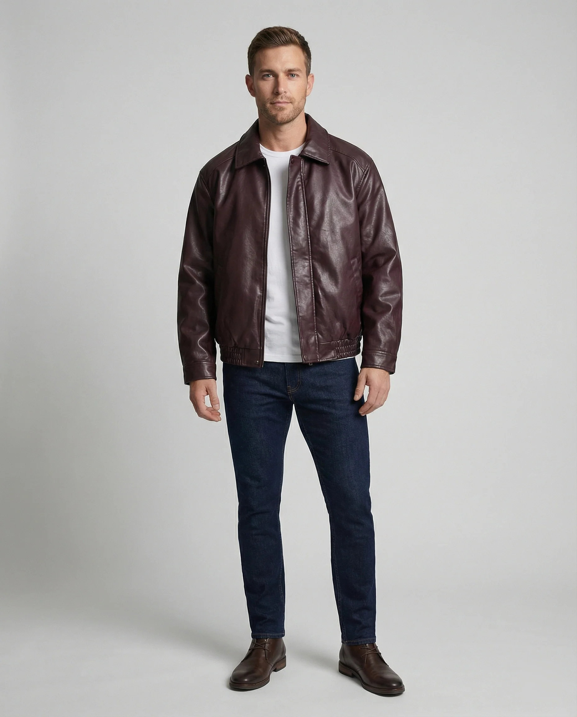 Herren oversized Lederimitat-Zipjacke mit Hemdkragen kastiger Silhouette und Einschubtaschen Heidi-Mode - Image 3