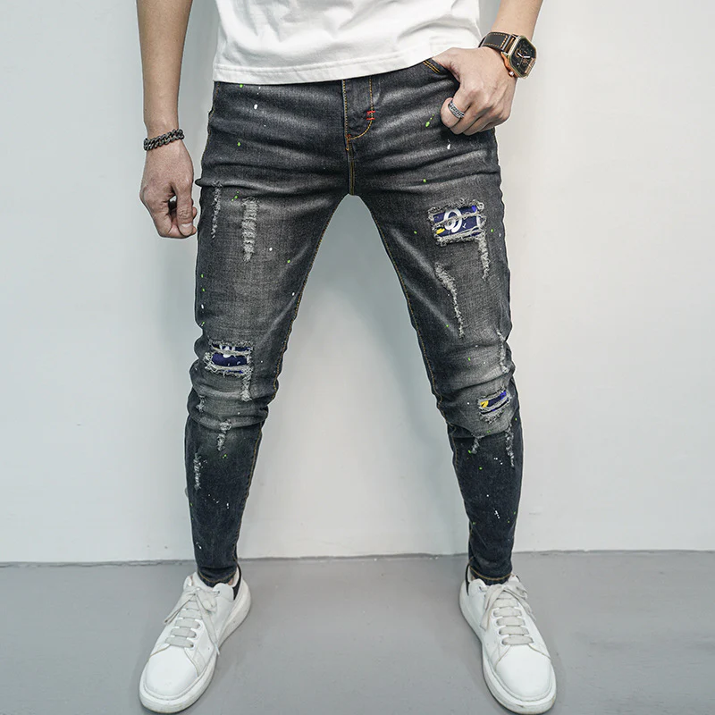 Herren Skinny Fit Jeans im kreativen Rissdesign und bunten Farbsklecks Heidi-Mode - Image 3