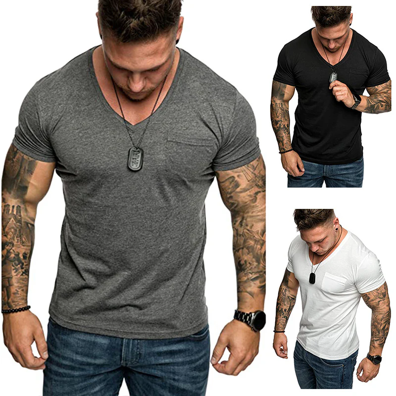 Herren V-Ausschnitt T-Shirt aus weicher Baumwolle mit Brusttasche Heidi-Mode - Image 2