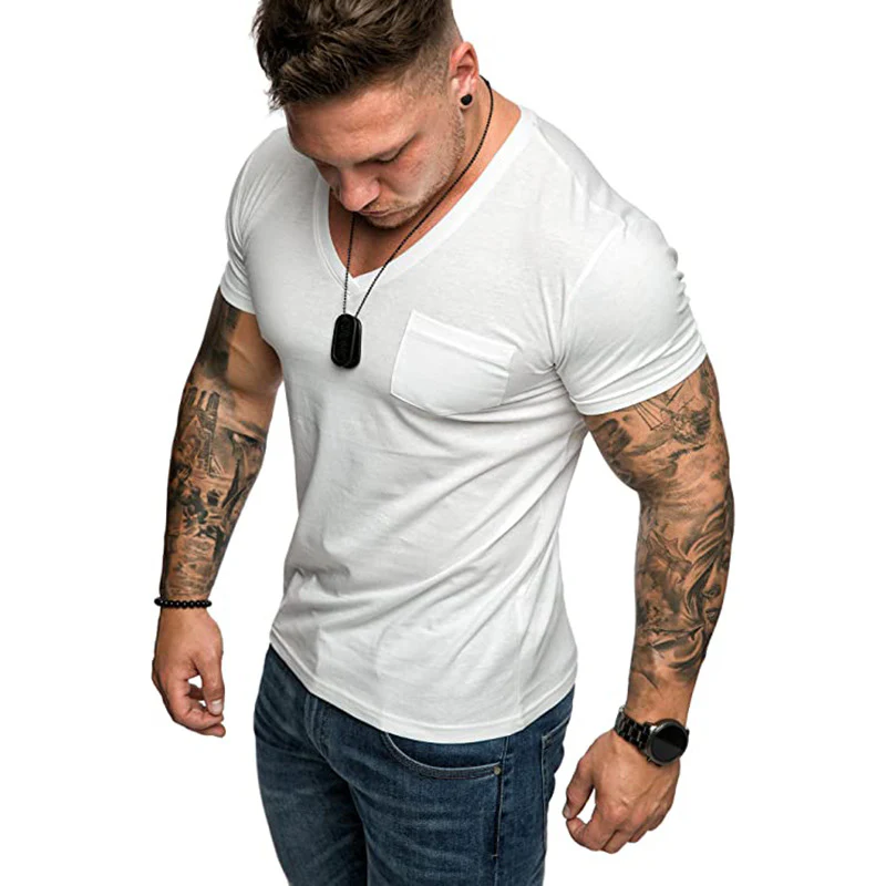 Herren V-Ausschnitt T-Shirt aus weicher Baumwolle mit Brusttasche Heidi-Mode - Image 7