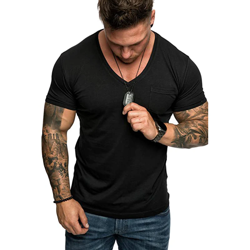 Herren V-Ausschnitt T-Shirt aus weicher Baumwolle mit Brusttasche Heidi-Mode - Image 8