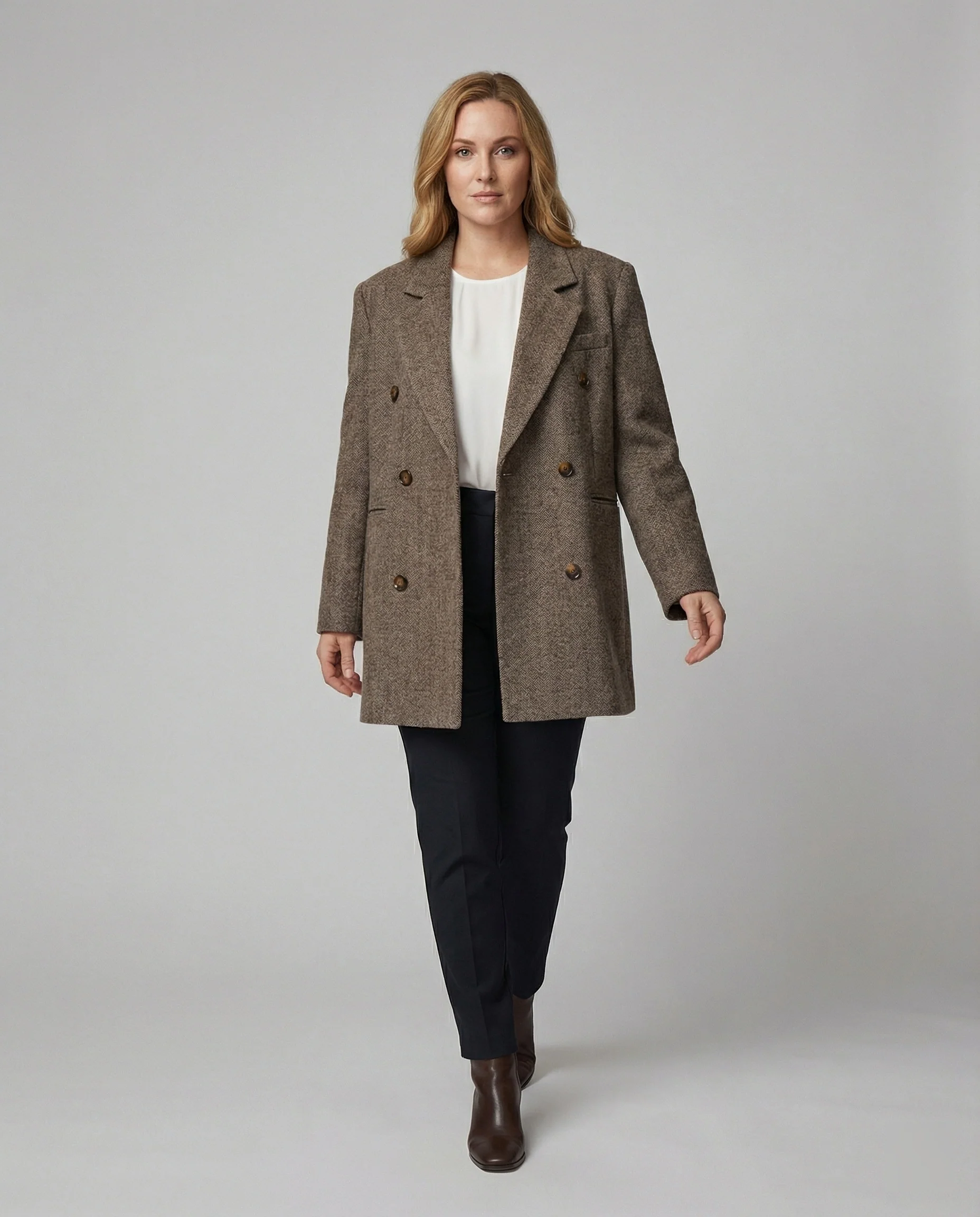 Klassischer Damen Wollmix Blazer Britischer Stil Braun Lockerer Schnitt Herbst - Image 3