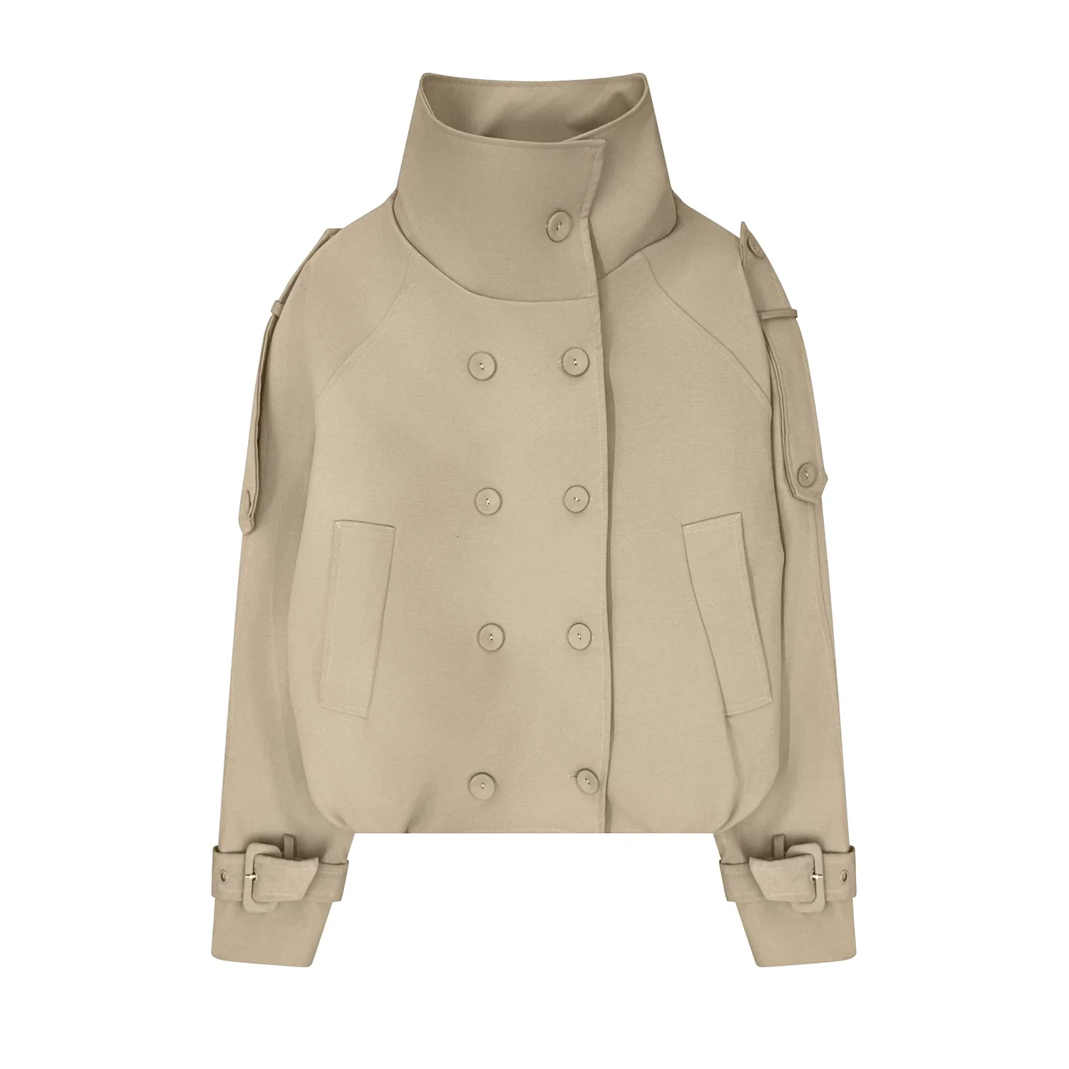 Kurze Zweireihige Windjacke mit Stehkragen für Damen Frühling - Image 5