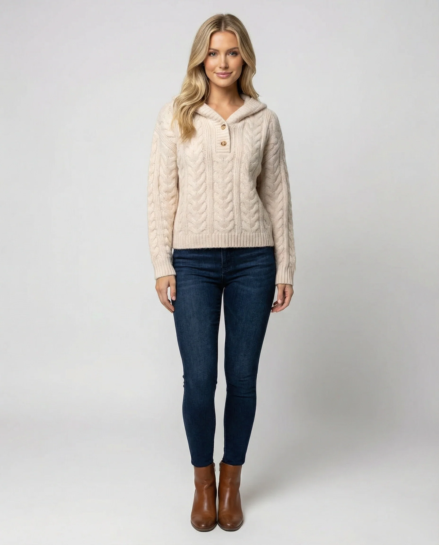 Kuscheliger Damen Strickpullover mit Kapuze Weißer Longsleeve Casual Look - Image 3