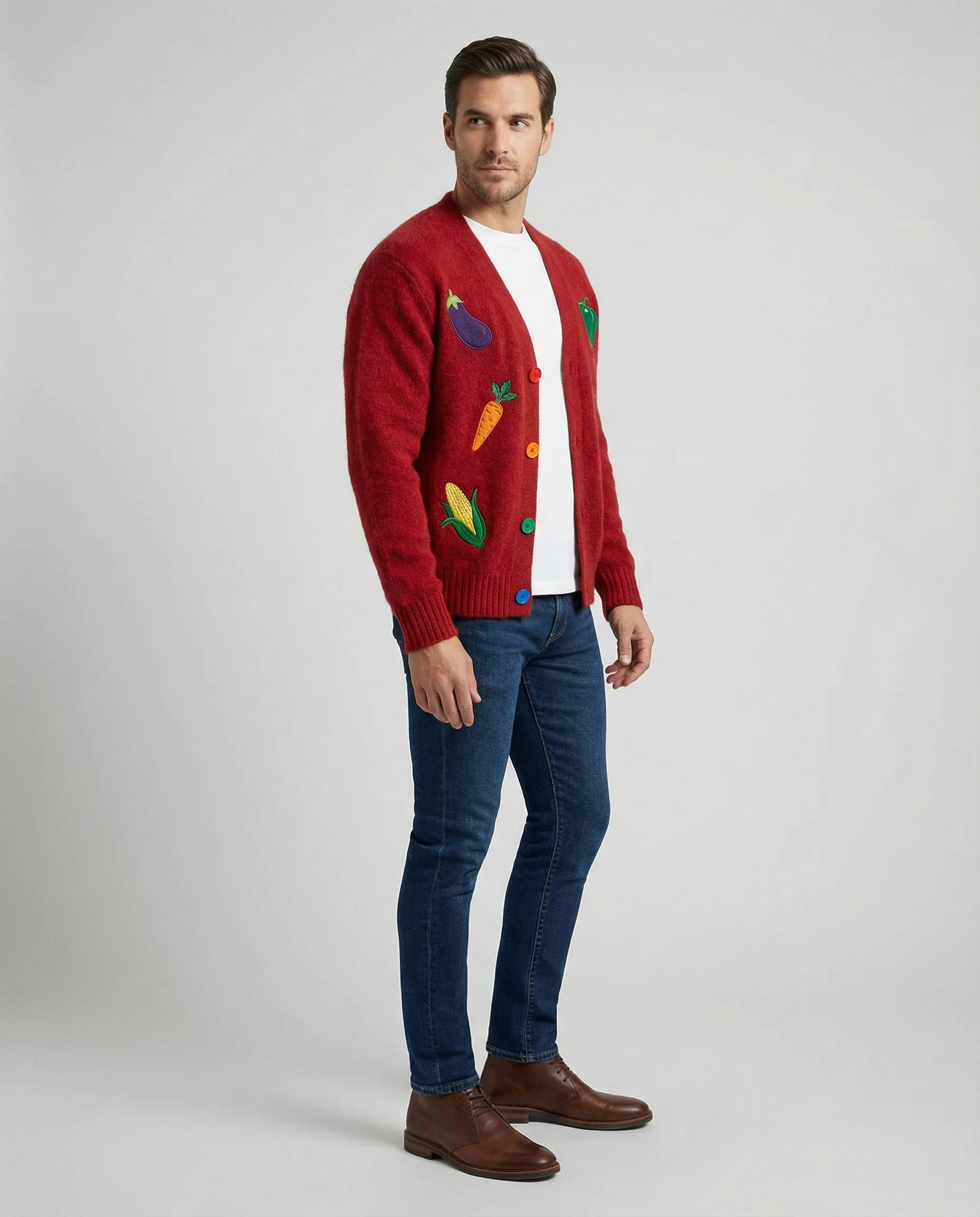 Lässige Retro Strickjacke mit bunten Regenbogen-Knöpfen und feiner Stickerei - Image 3
