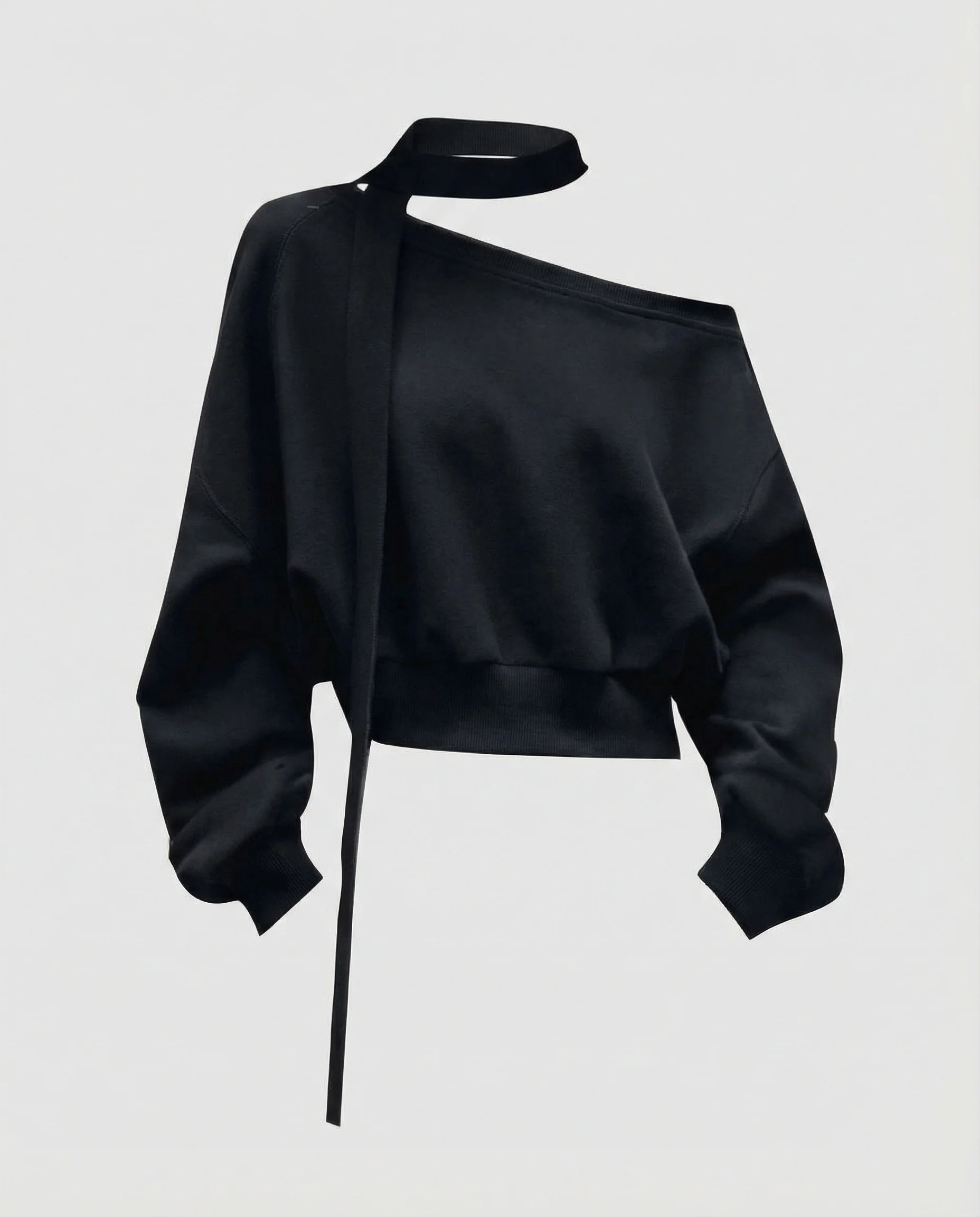Lässiges Korea-Sweatshirt für Damen schulterfrei mit Bändern in Schwarz - Image 4