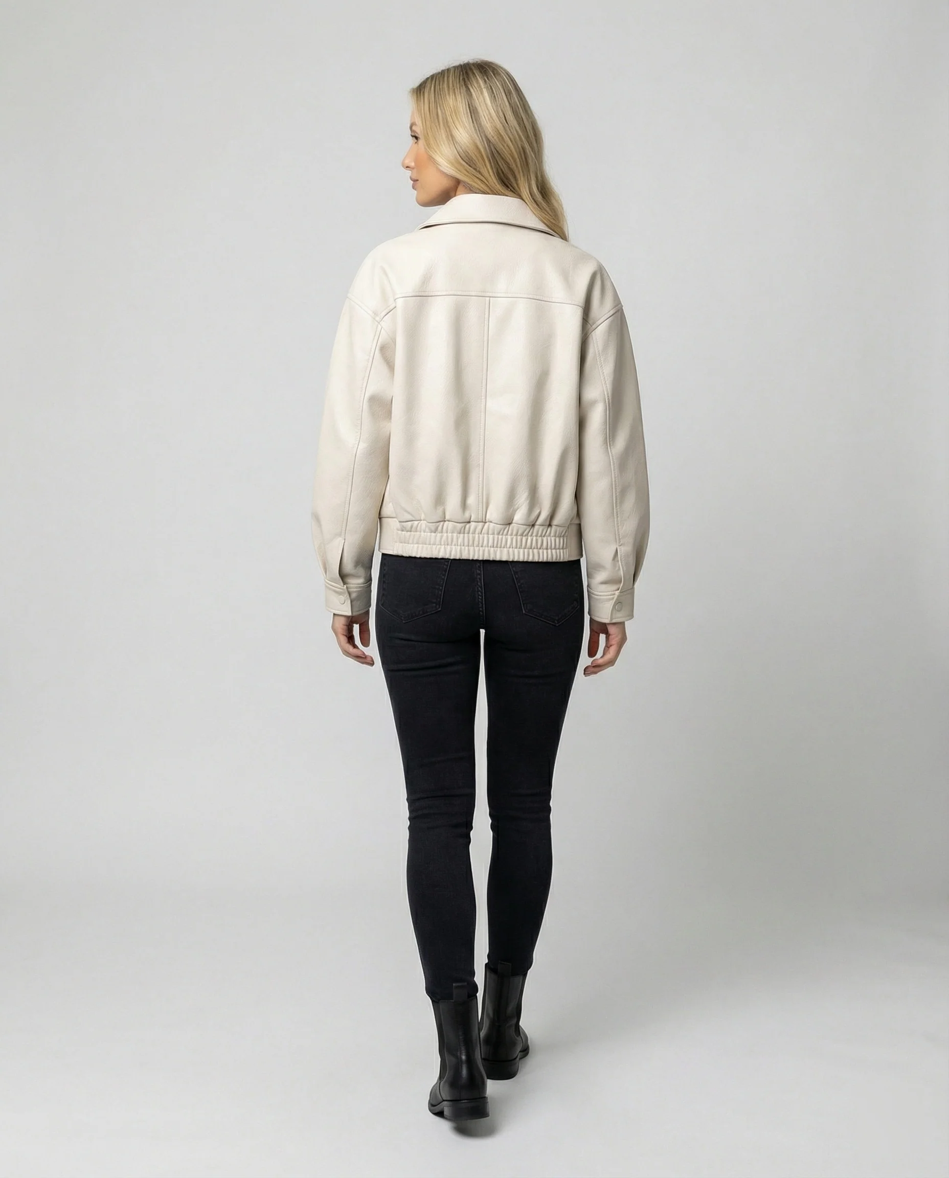 Damen Vintage Lederjacke Off-White Kurz geschnittene Motorradjacke - Image 5