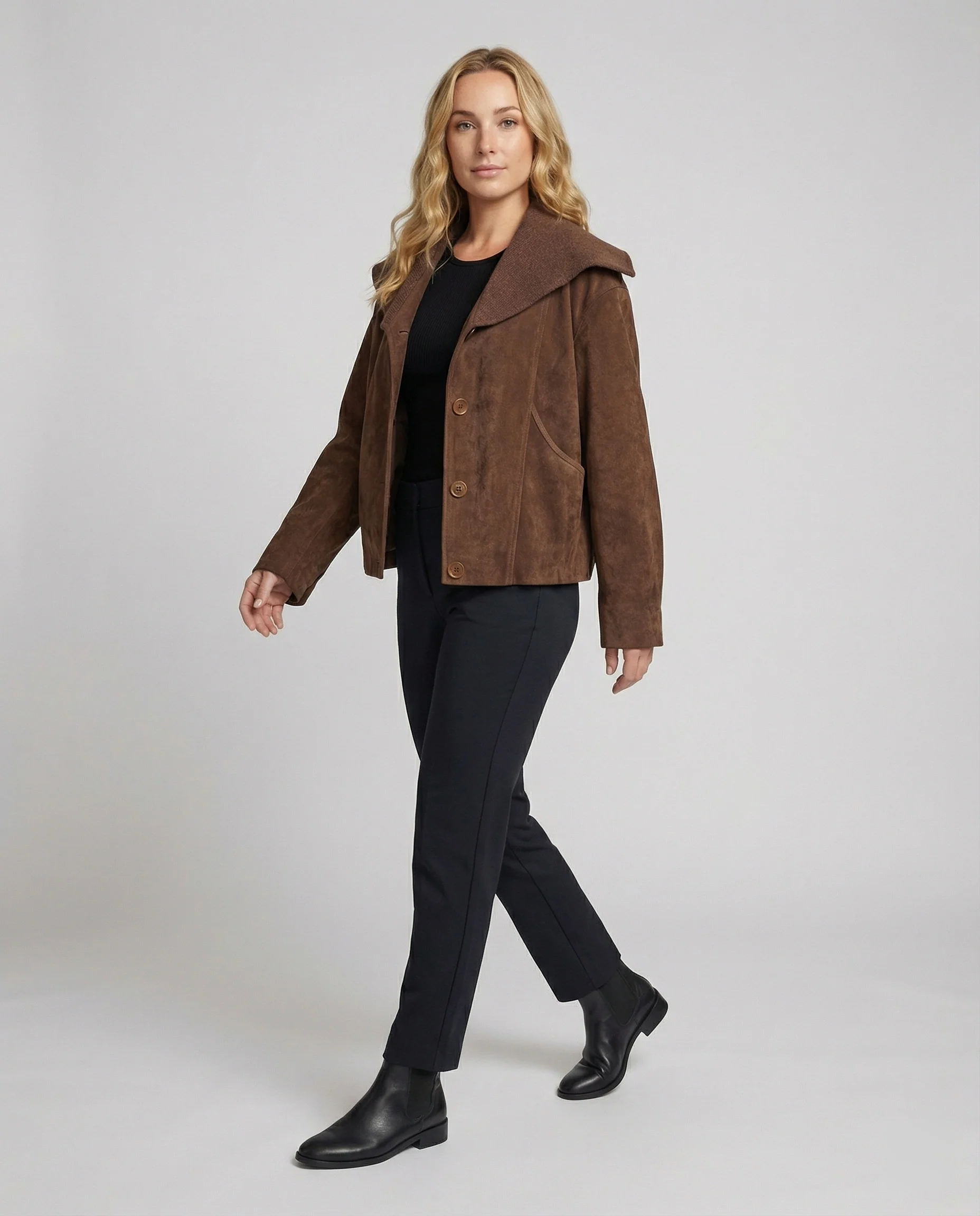 Modische Strick-Suede-Winterjacke für Damen in Kaffeebraun mit Reverskragen - Image 3