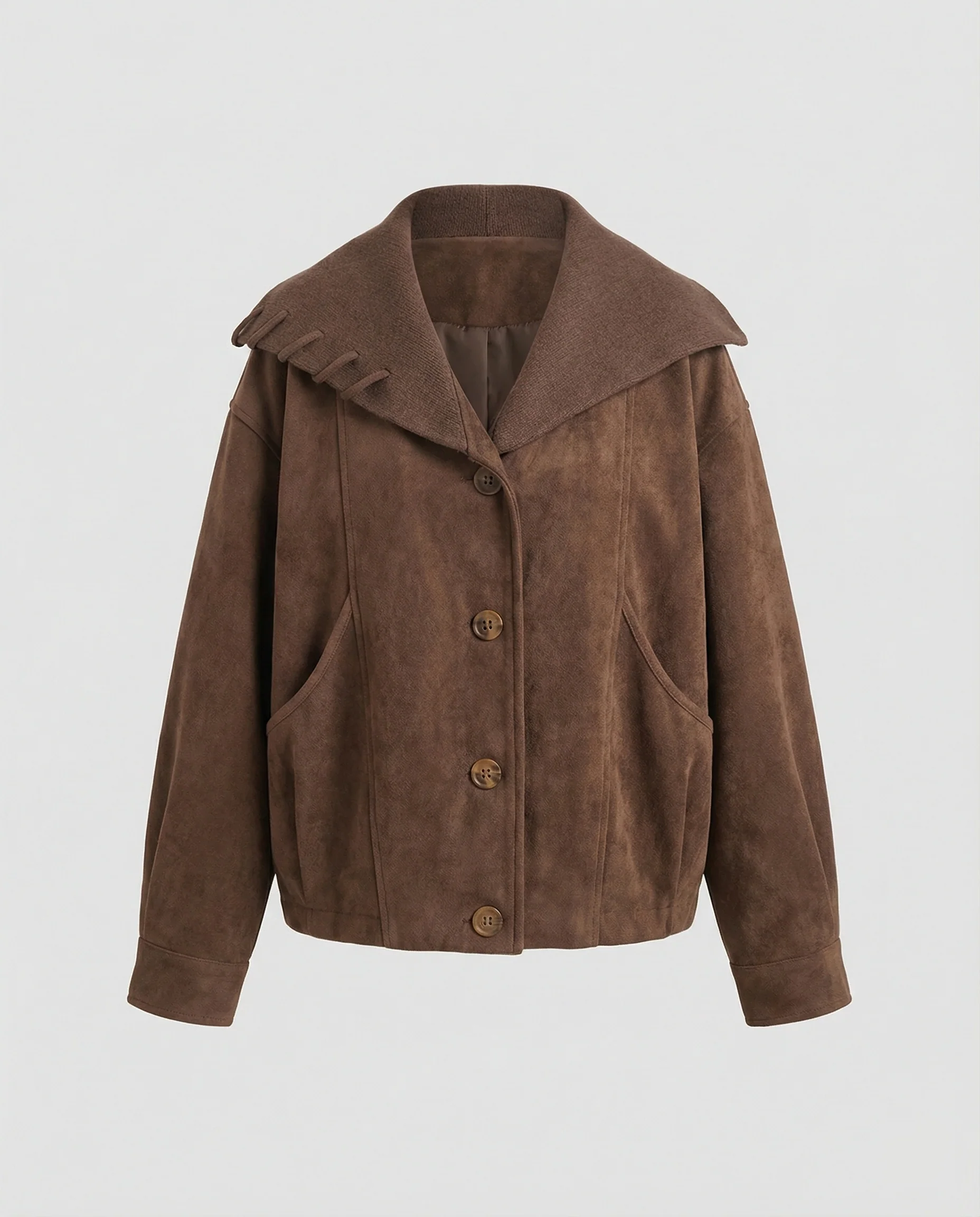 Modische Strick-Suede-Winterjacke für Damen in Kaffeebraun mit Reverskragen - Image 4
