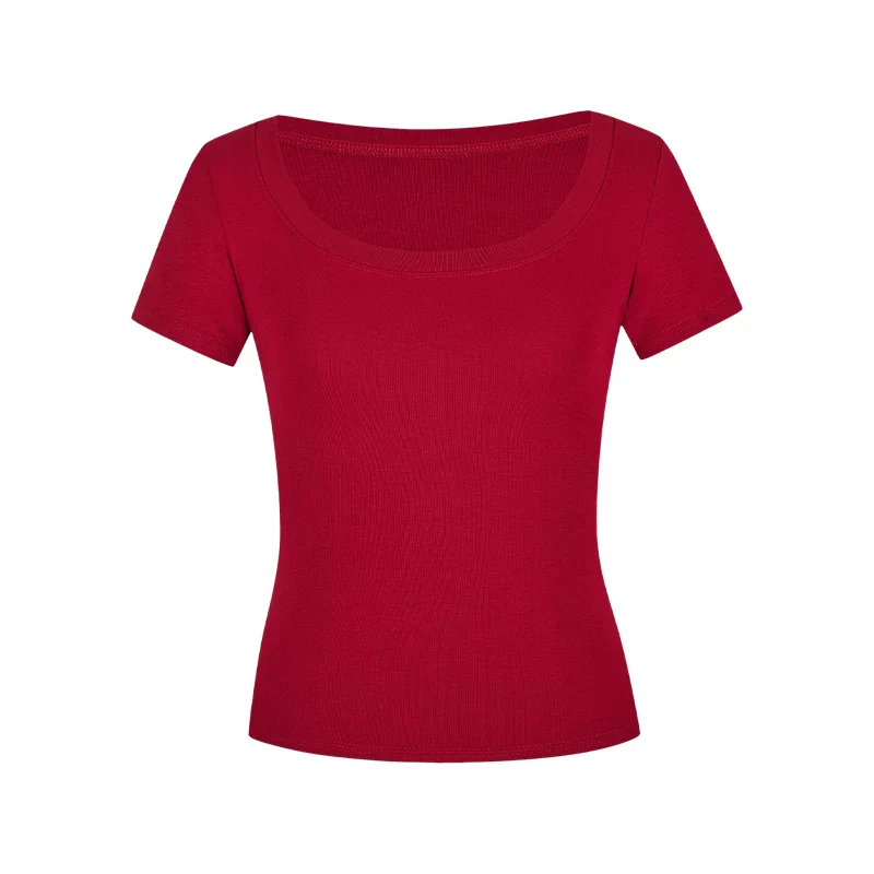 Damen T-Shirt U-Ausschnitt Slim-Fit Kurzarm Basic Crop Top - Image 12