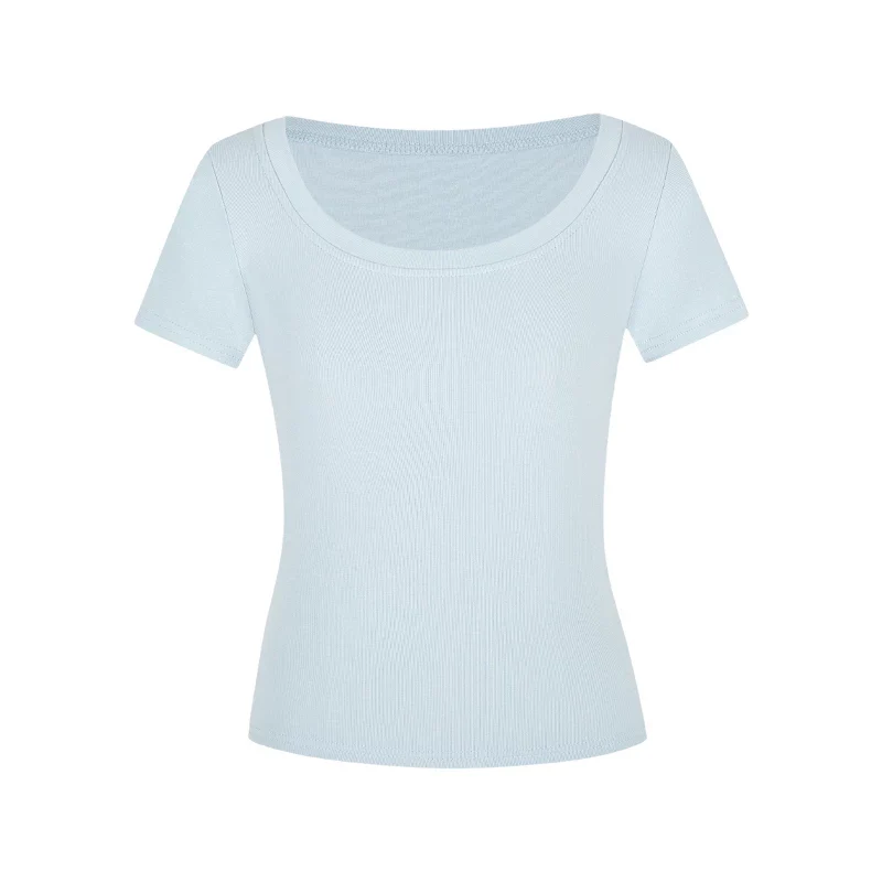 Damen T-Shirt U-Ausschnitt Slim-Fit Kurzarm Basic Crop Top - Image 13