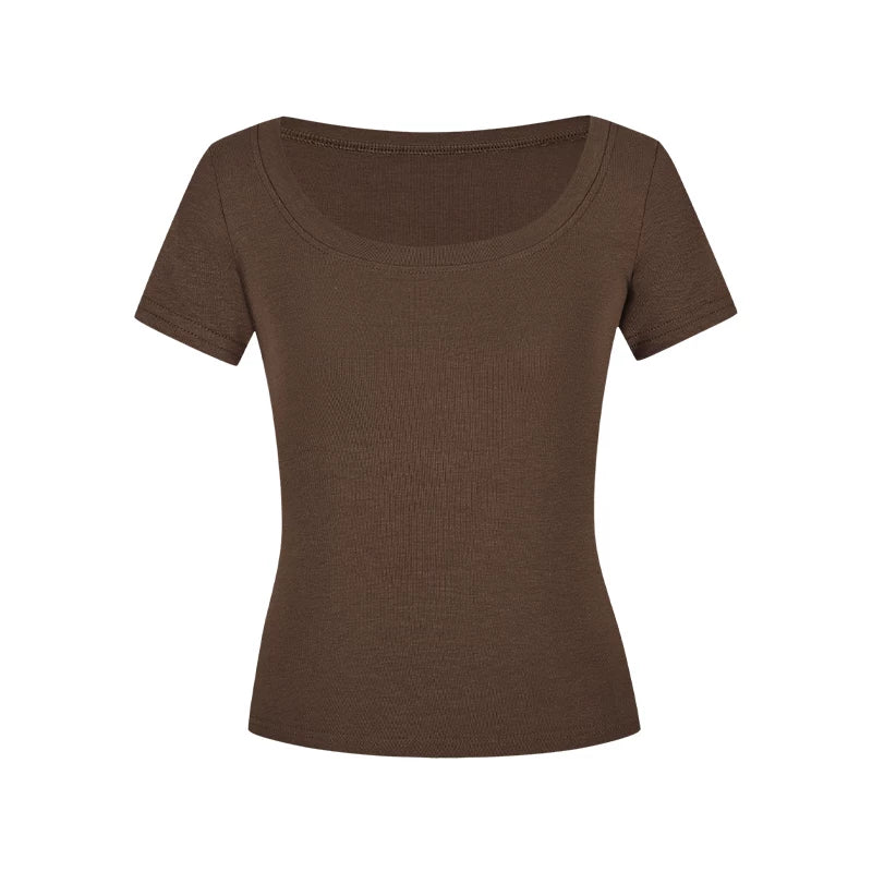Damen T-Shirt U-Ausschnitt Slim-Fit Kurzarm Basic Crop Top - Image 14