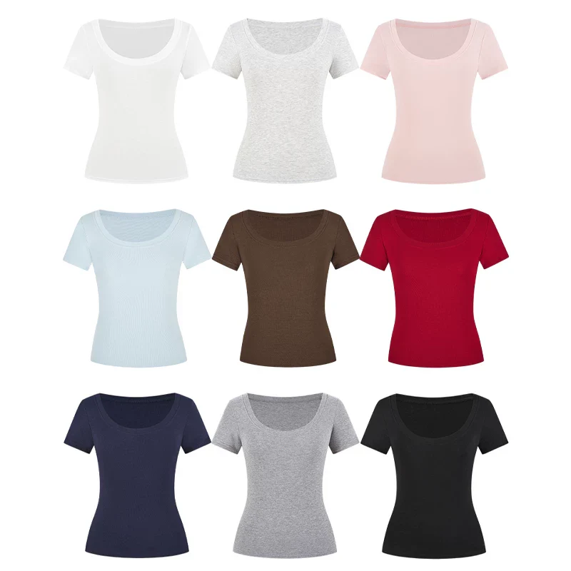 Damen T-Shirt U-Ausschnitt Slim-Fit Kurzarm Basic Crop Top - Image 5