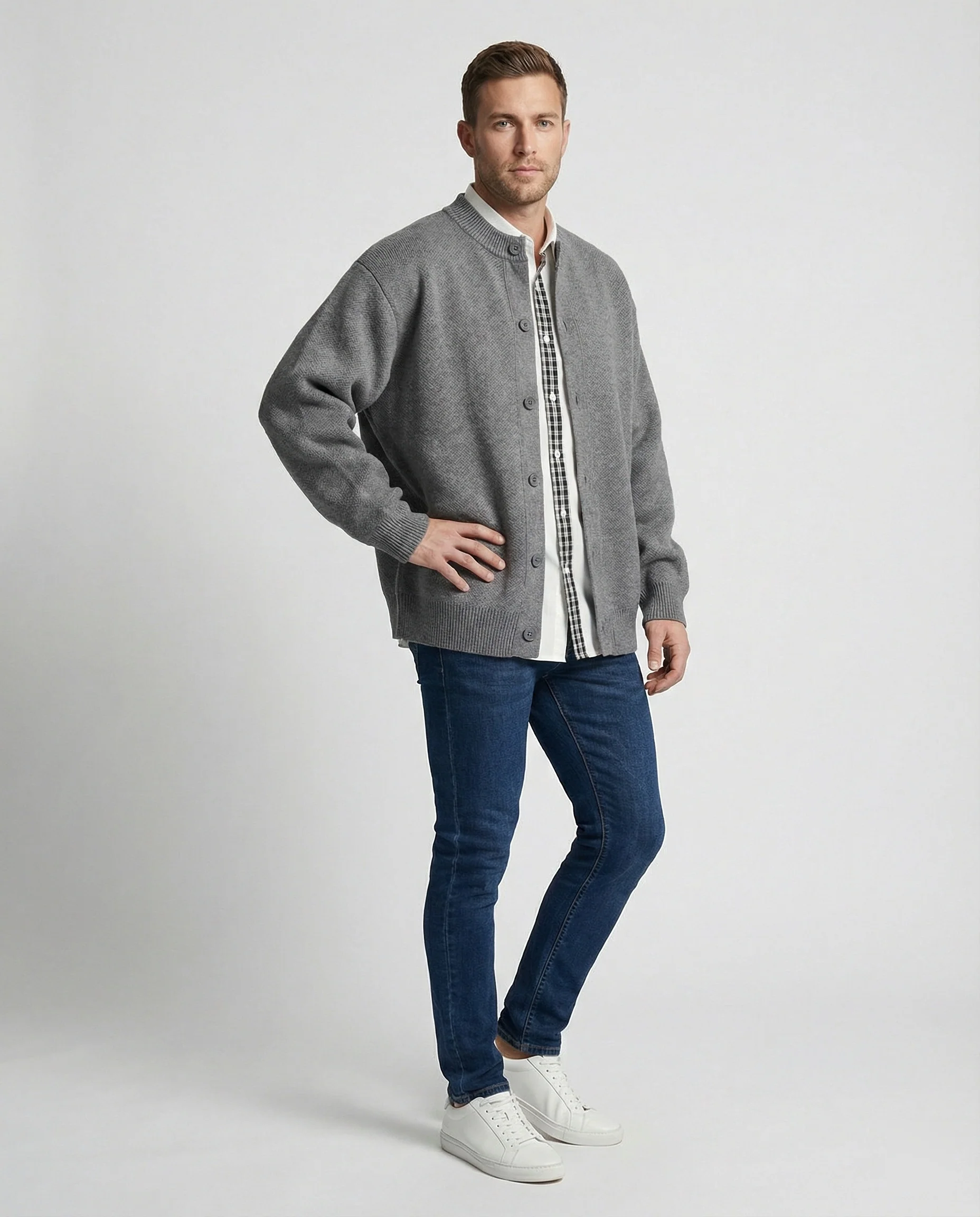 Retro Strickjacke im Lagenlook mit Karomuster für Damen und Herren - Image 3