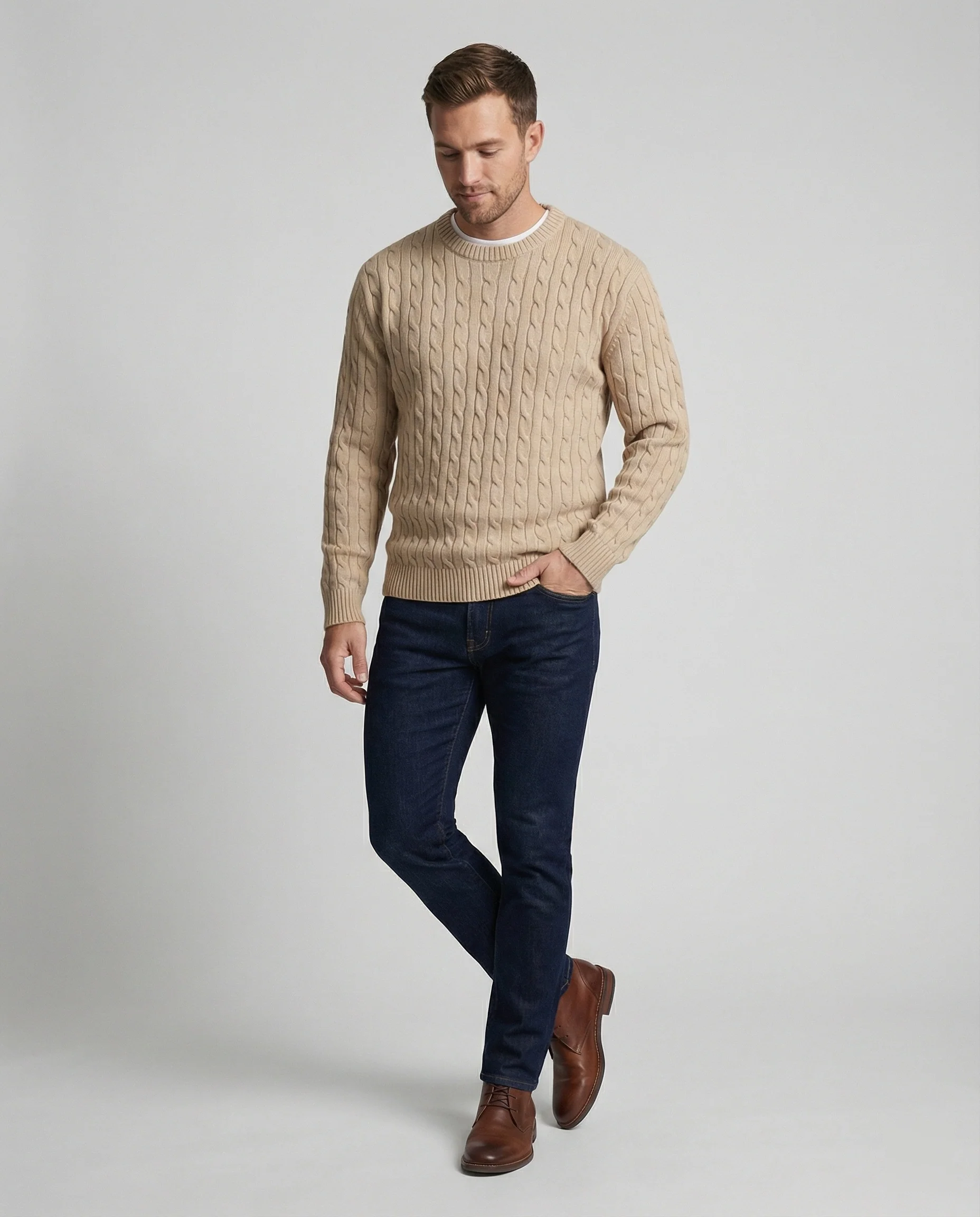 Retro Strickpullover Herren Zopfmuster Rundhals Beige Camel Locker - Image 3