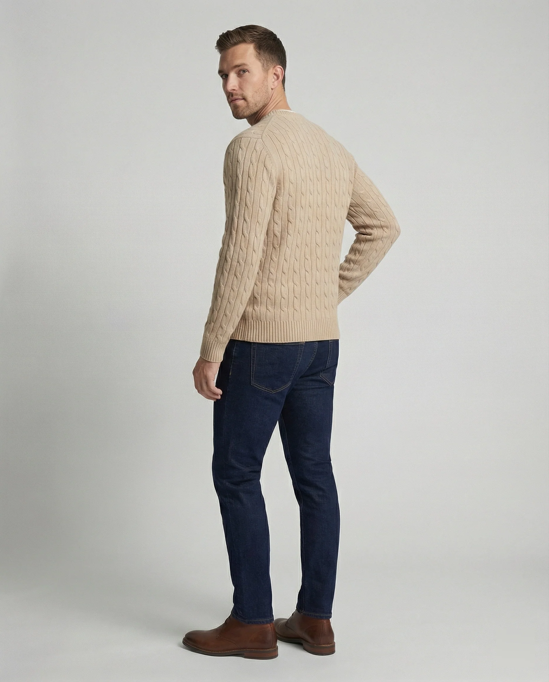 Retro Strickpullover Herren Zopfmuster Rundhals Beige Camel Locker - Image 4