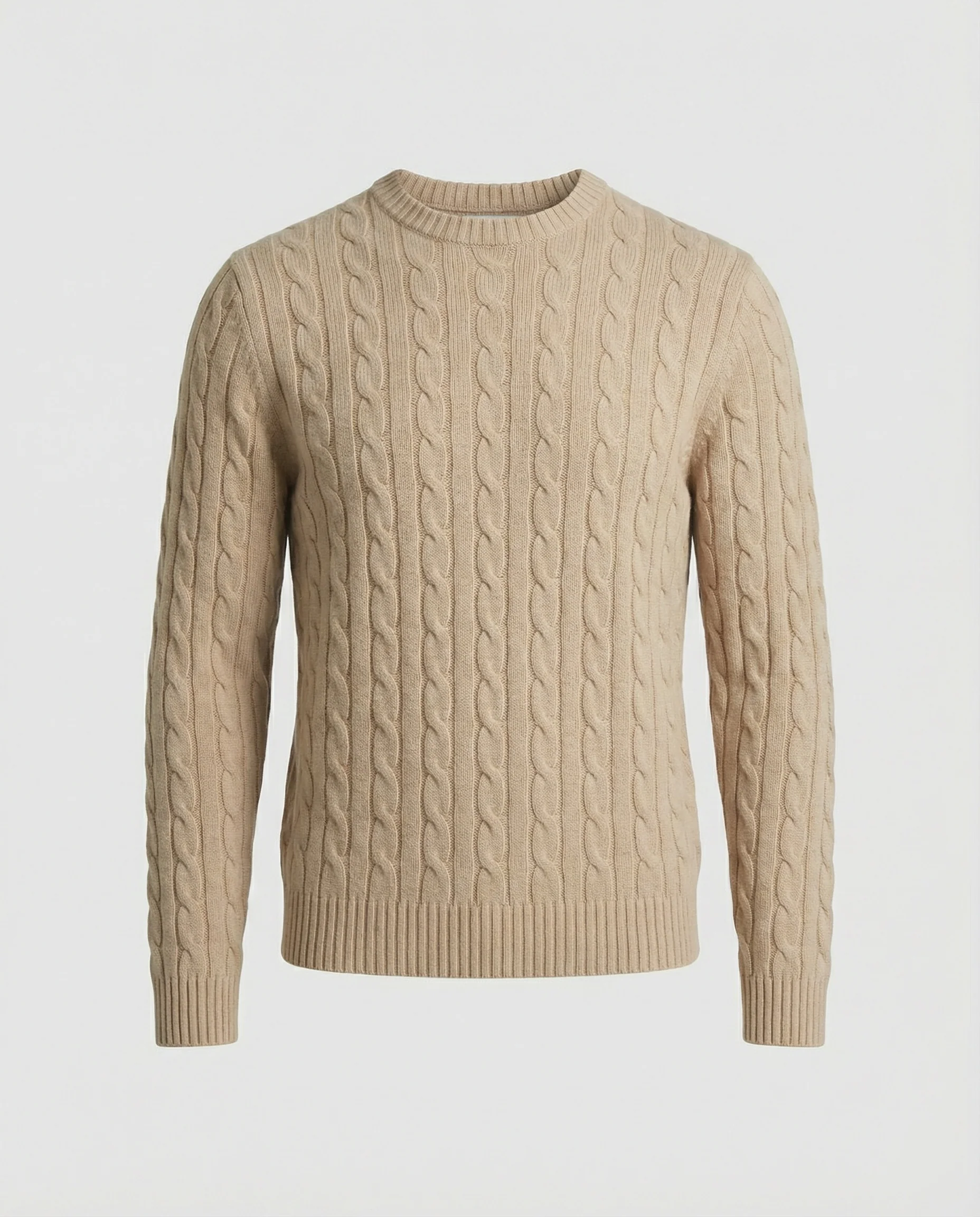Retro Strickpullover Herren Zopfmuster Rundhals Beige Camel Locker - Image 5