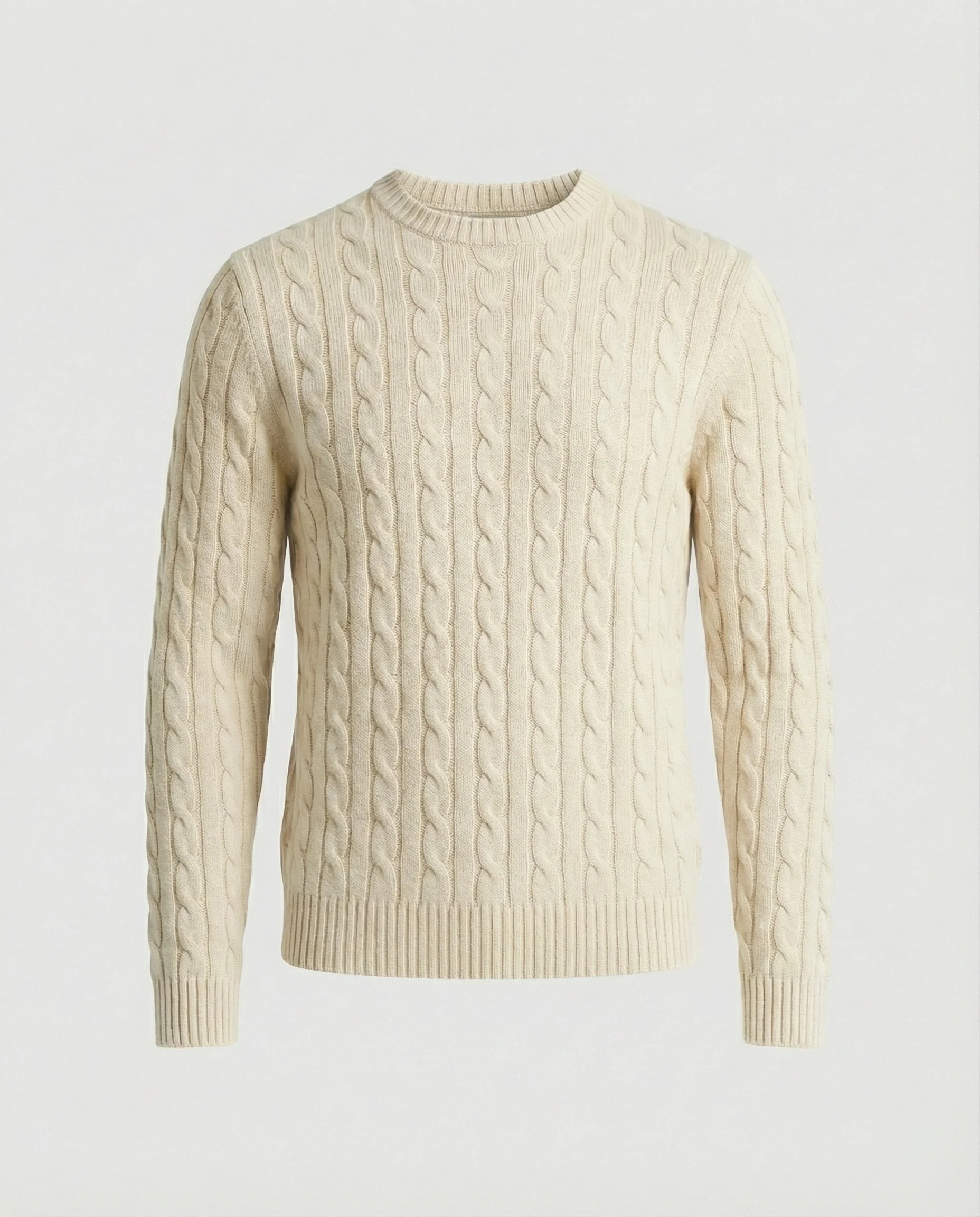 Retro Strickpullover Herren Zopfmuster Rundhals Beige Camel Locker - Image 6