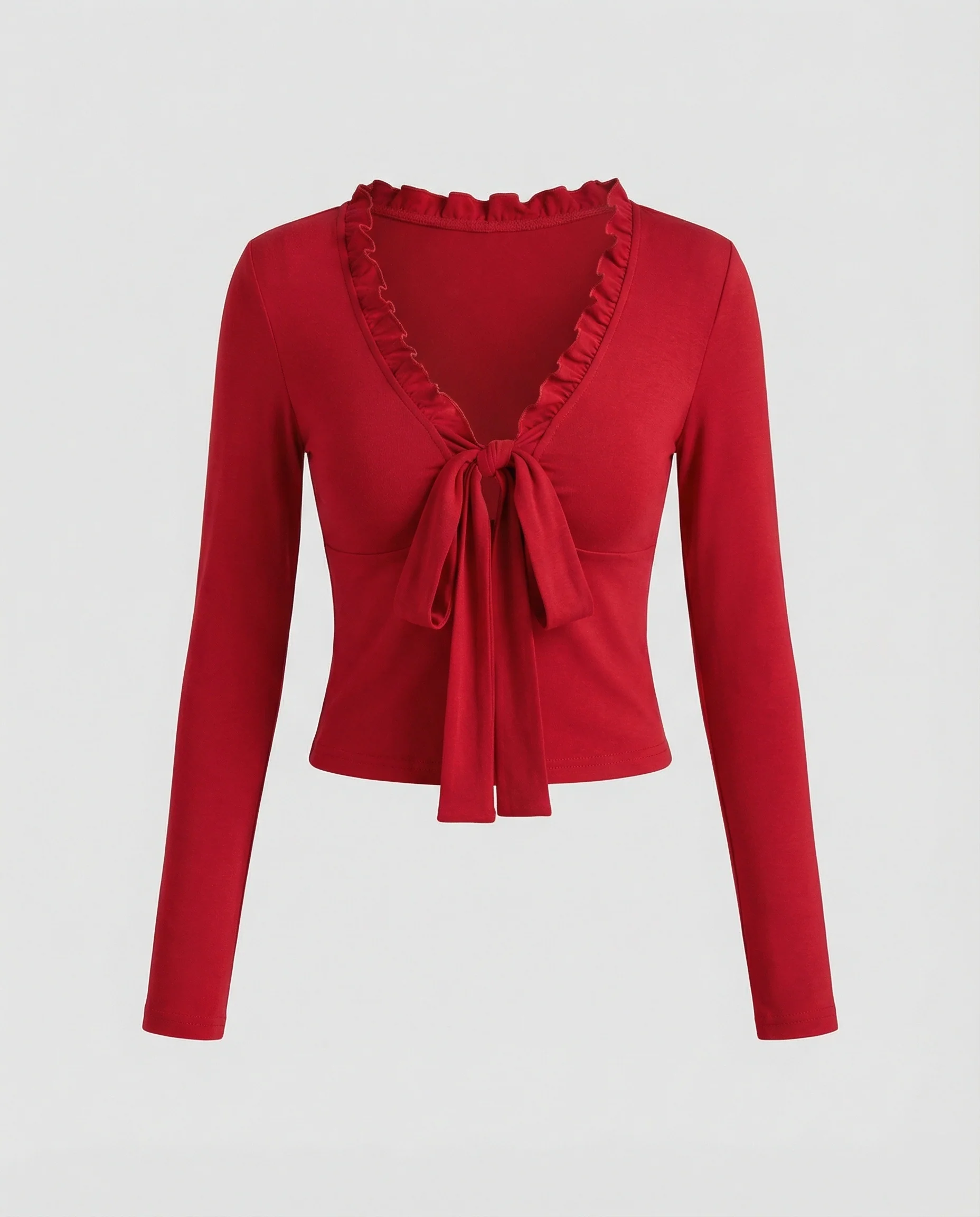 Romantisches Langarmshirt mit V-Ausschnitt und verspielter Schleife - Image 5