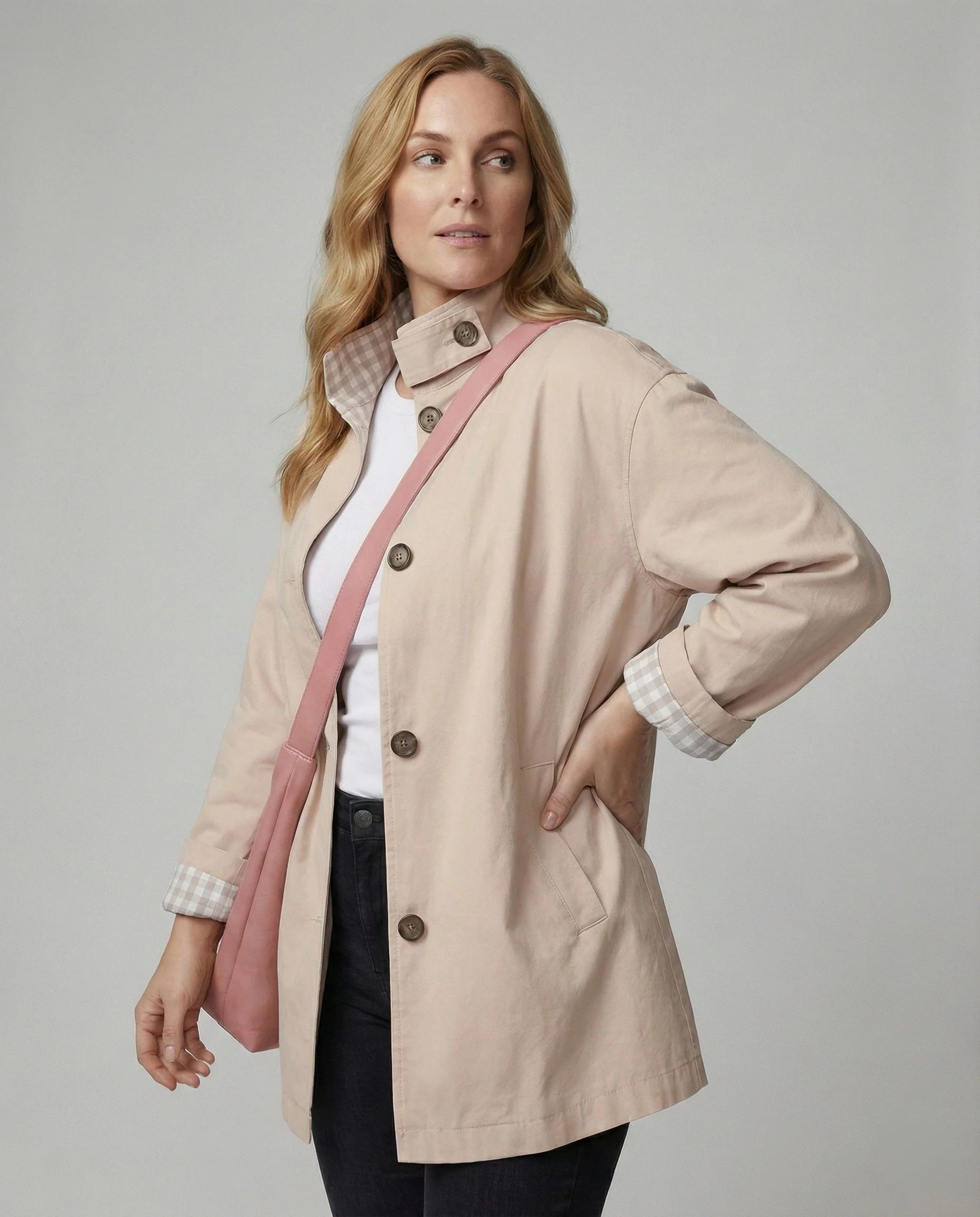 Rosa Trenchcoat Damen Kurze Herbstjacke Lockerer Schnitt Modisches Design - Image 3