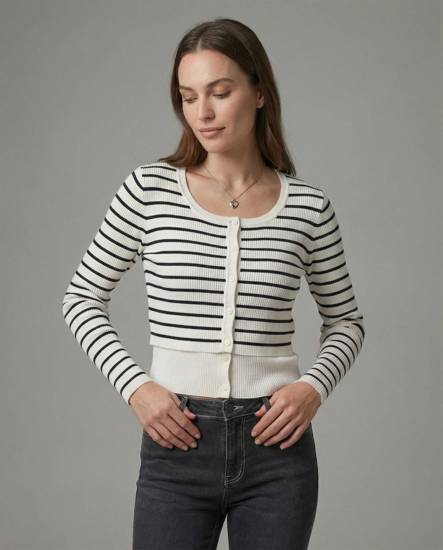 Schickes Langarmshirt im Lagen-Look Schwarz-Weiß Gestreift Slim Fit