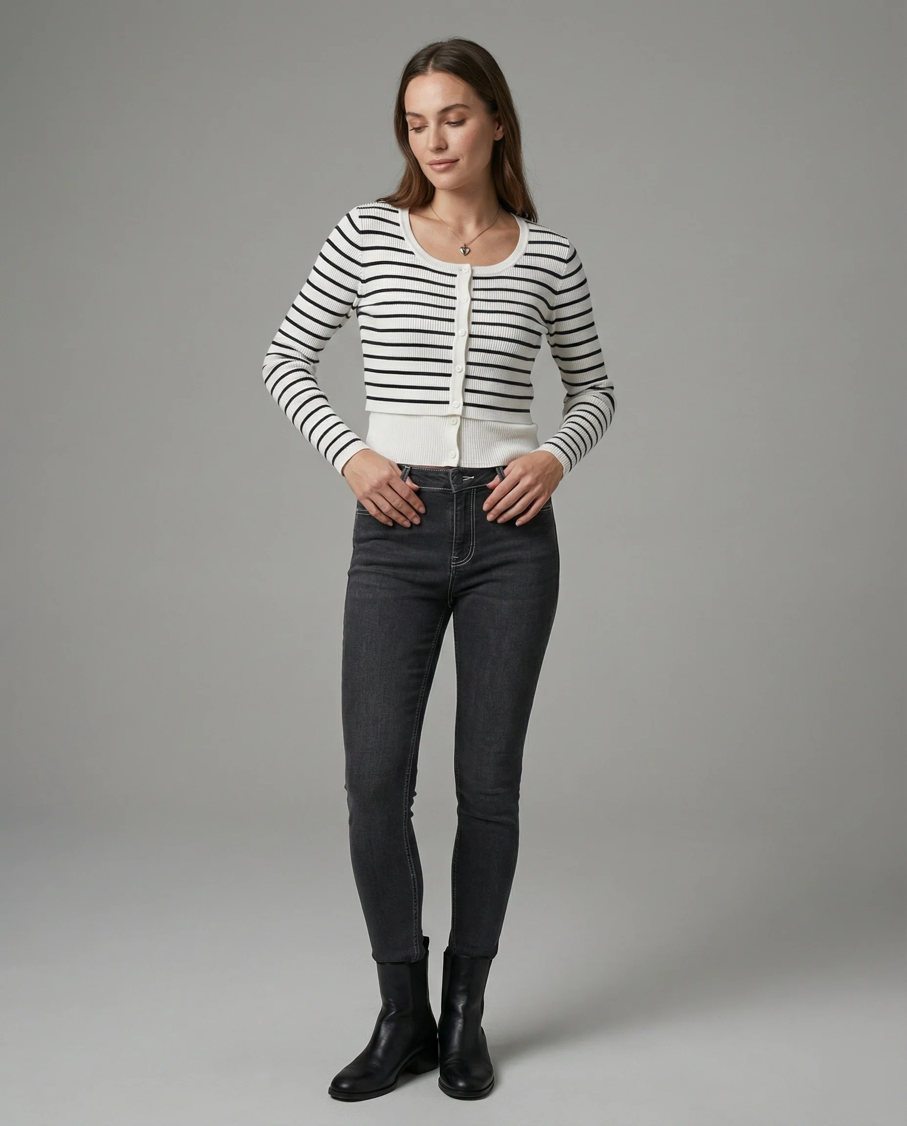 Schickes Langarmshirt im Lagen-Look Schwarz-Weiß Gestreift Slim Fit - Image 3