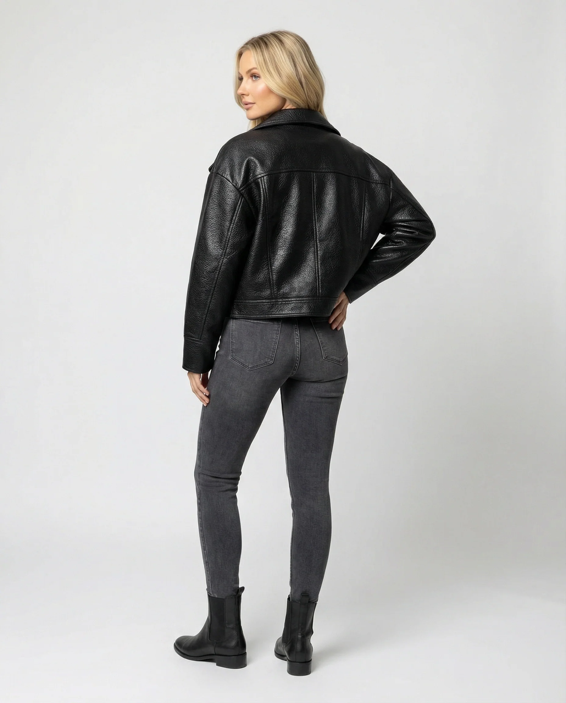 Schwarze Damen PU Lederjacke Kurz American Biker Look - Image 4
