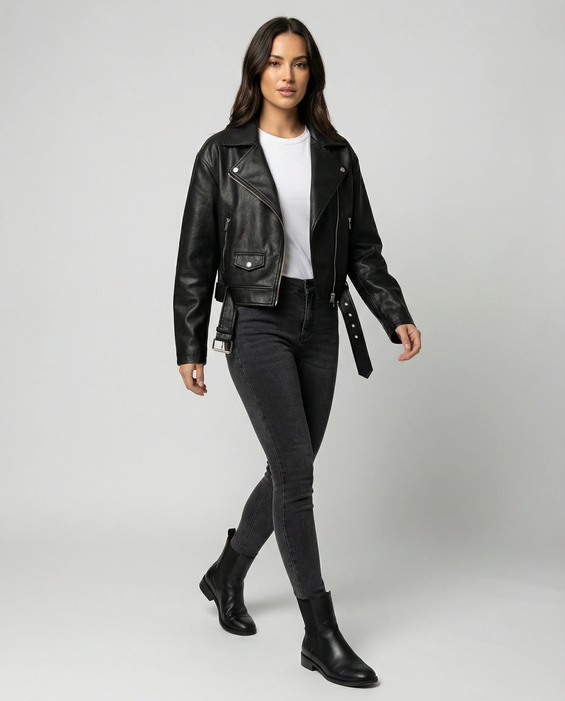 Schwarze PU-Leder Bikerjacke Damen Kurz Locker Vintage Frühlingsjacke - Image 3