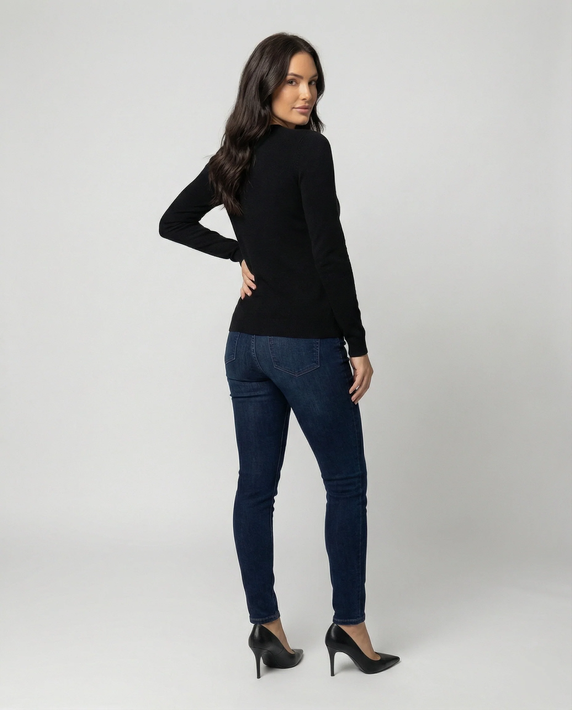 Schwarzer Damen Strickpullover Slim-Fit Langarm Rundhals Basis Oberteil - Image 4