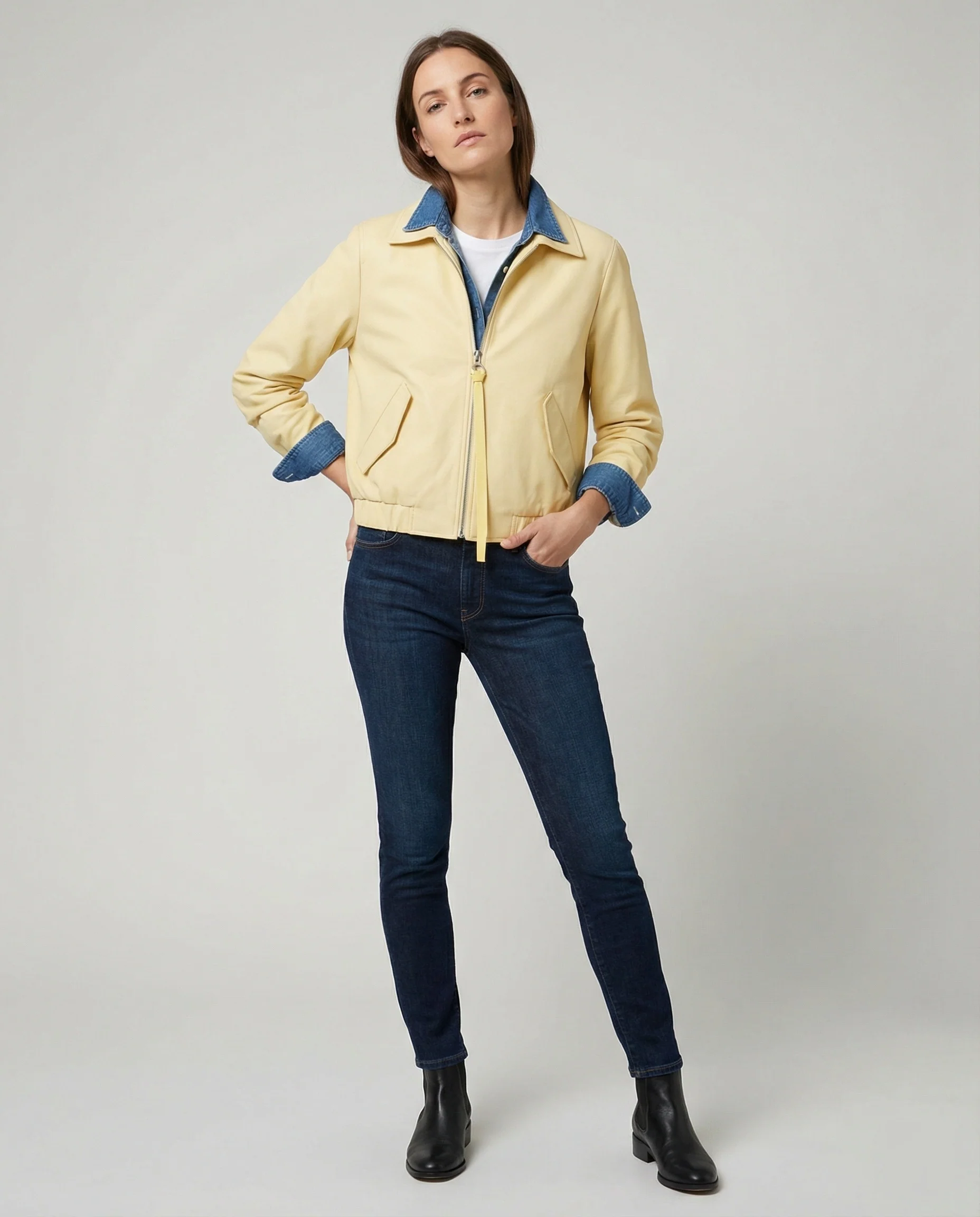Stylische kurze Damen Lederjacke mit Reverskragen im Patchwork Design - Image 3