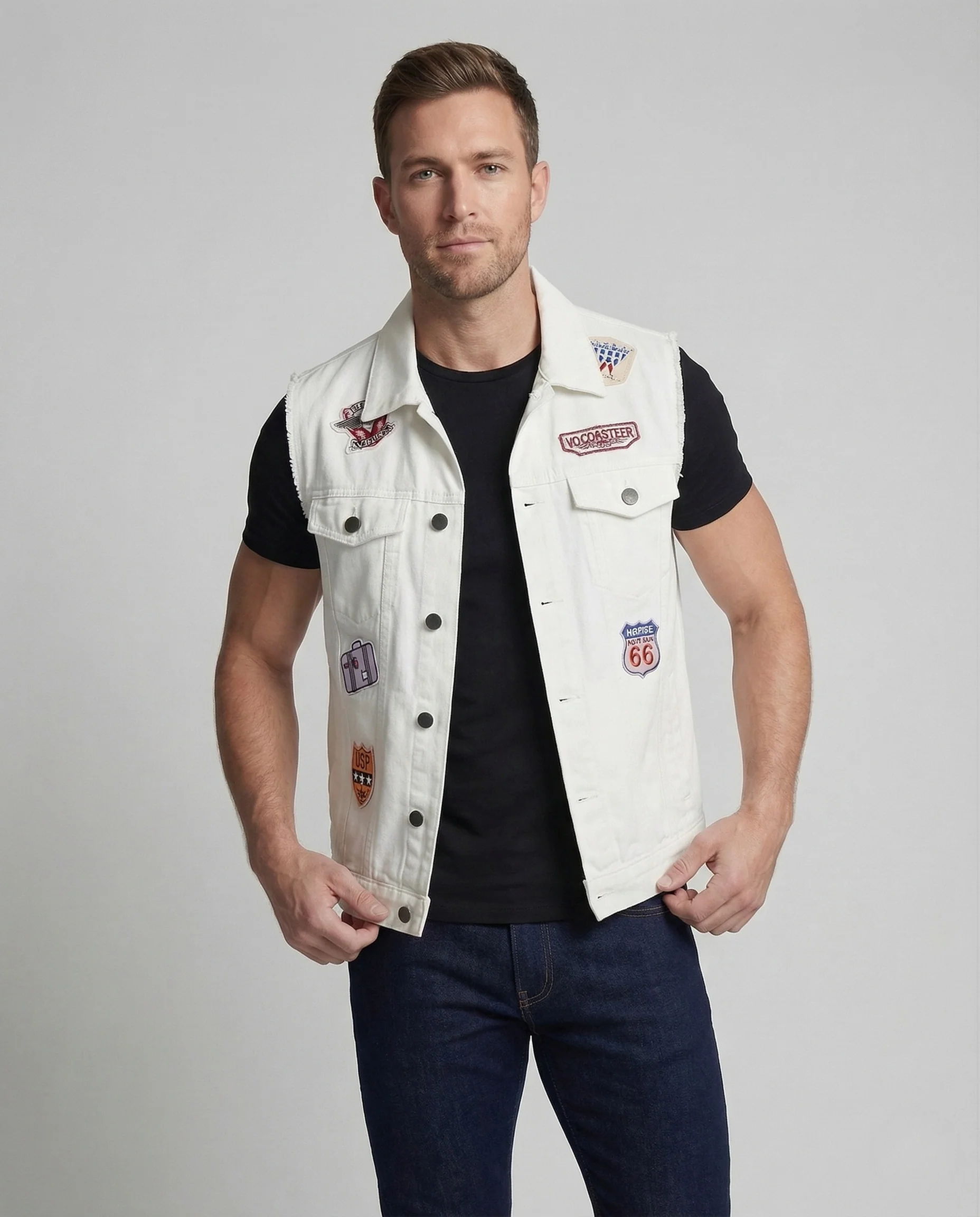 Unisex Jeansweste Baumwolle mit Retro Patches - Image 2