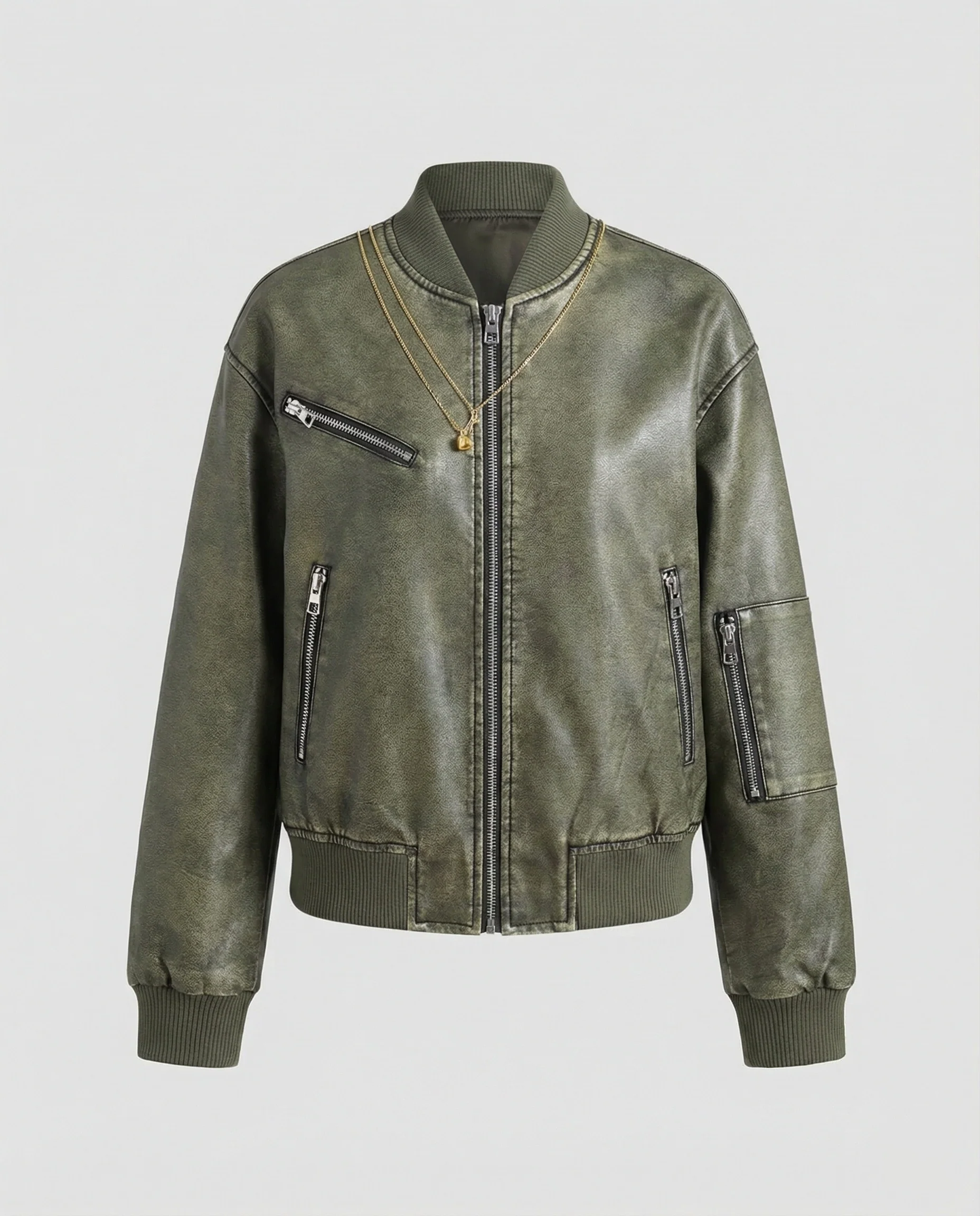 Kurz geschnittene Fliegerblousonjacke mit mehreren Reißverschlüssen und geripptem Abschluss Heidi-Mode - Image 4