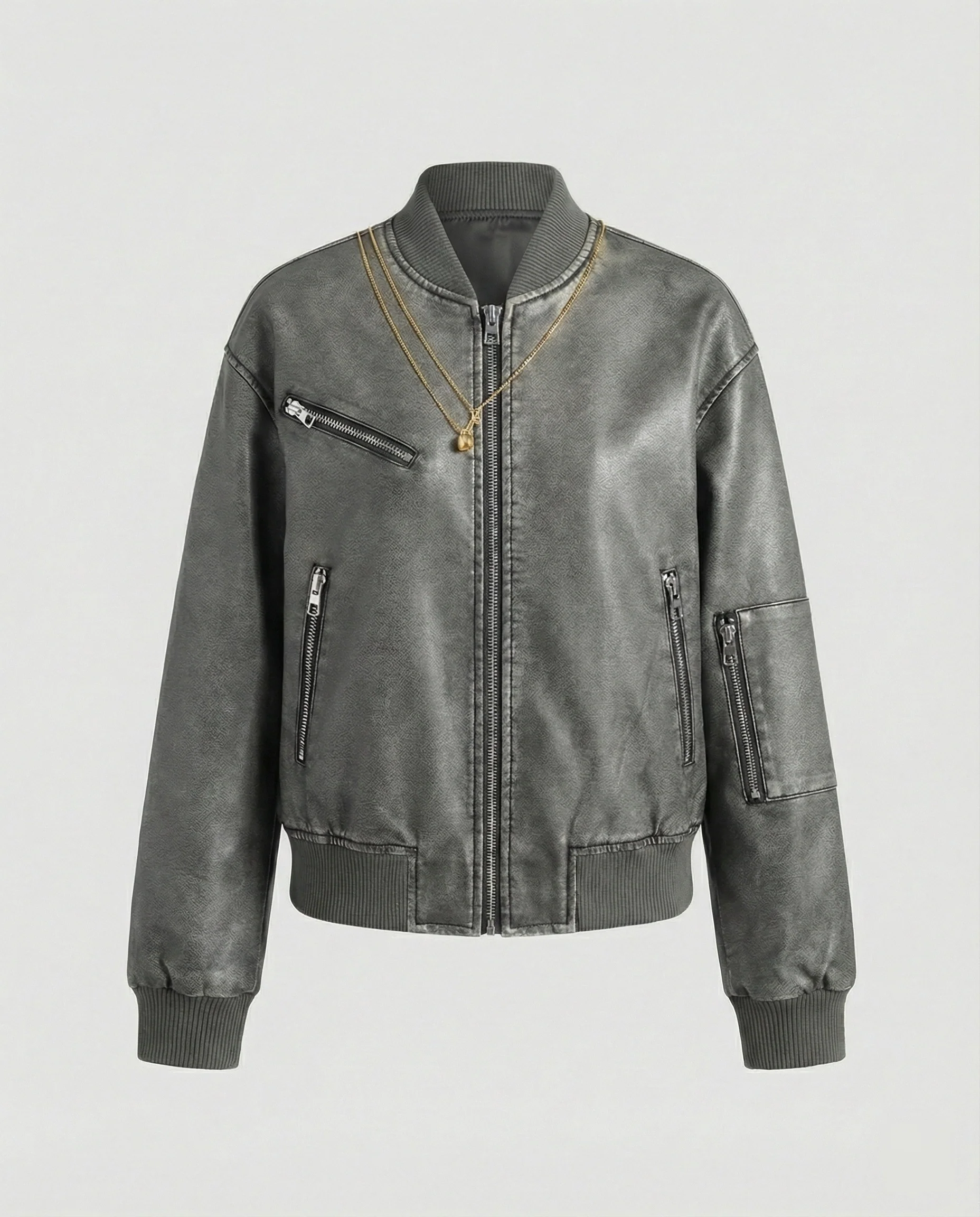 Kurz geschnittene Fliegerblousonjacke mit mehreren Reißverschlüssen und geripptem Abschluss Heidi-Mode - Image 5