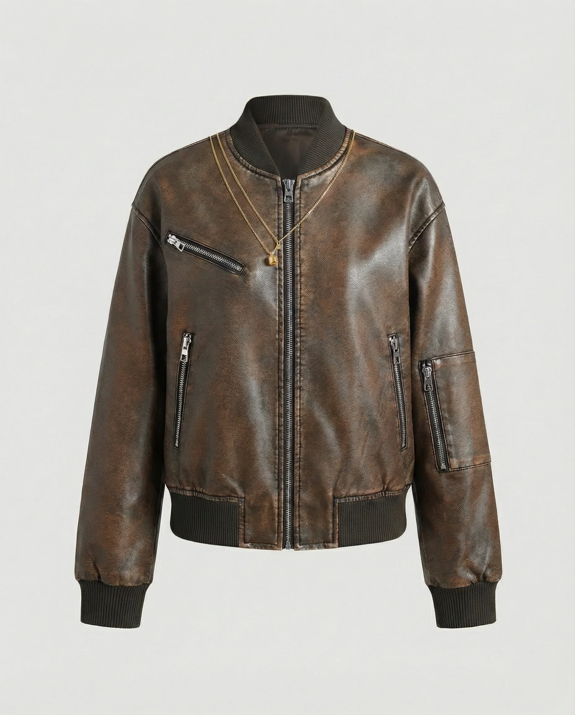 Kurz geschnittene Fliegerblousonjacke mit mehreren Reißverschlüssen und geripptem Abschluss Heidi-Mode - Image 6