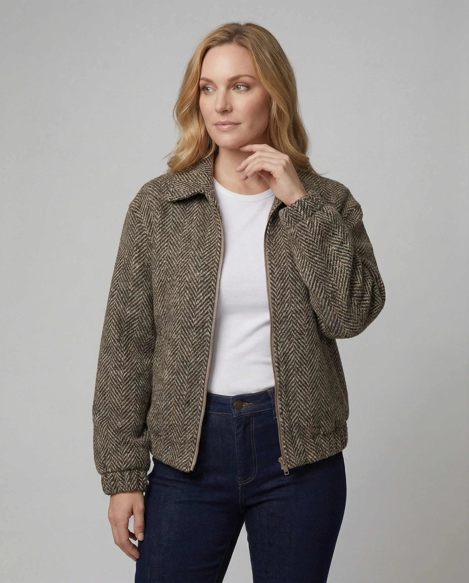 Weit geschnittener Wollblouson mit Fischgrätstruktur, Reißverschluss und elastischen Bündchen Heidi-Mode - Image 3