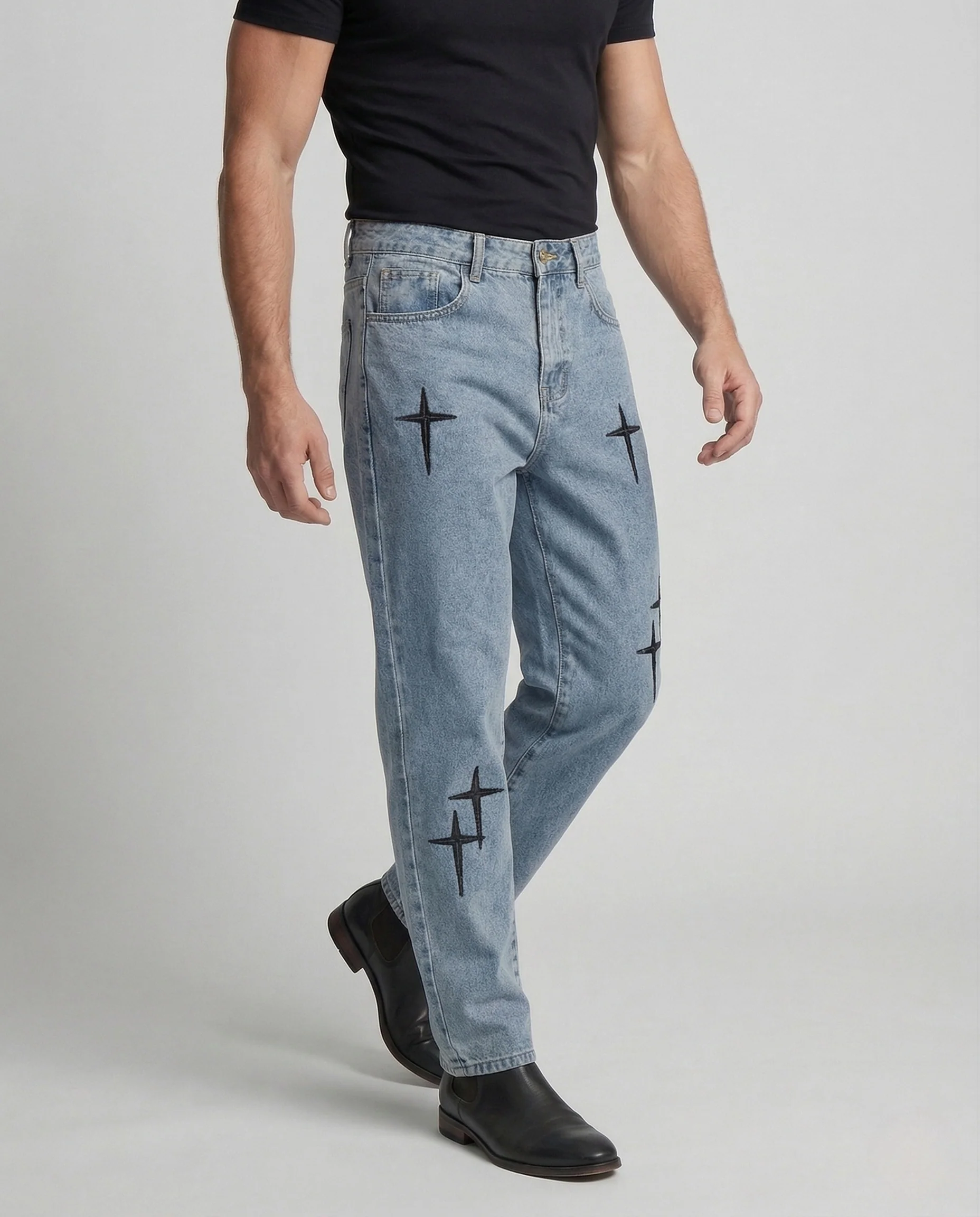 Unisex Baggy Jeans Kreuzstickerei Tiefer Schritt - Image 2