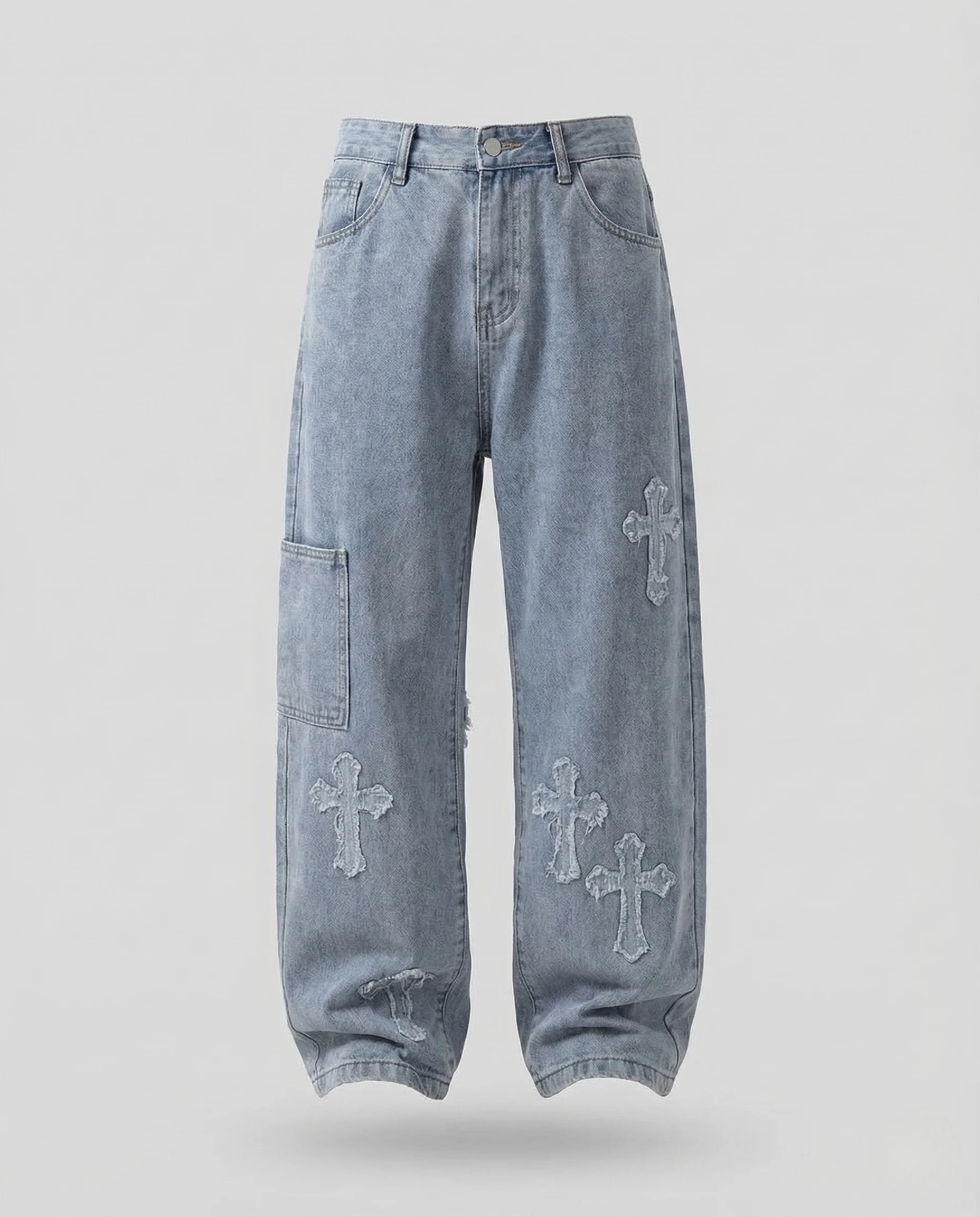 Unisex Vintage Jeans mit Kreuz Applikationen - Image 5