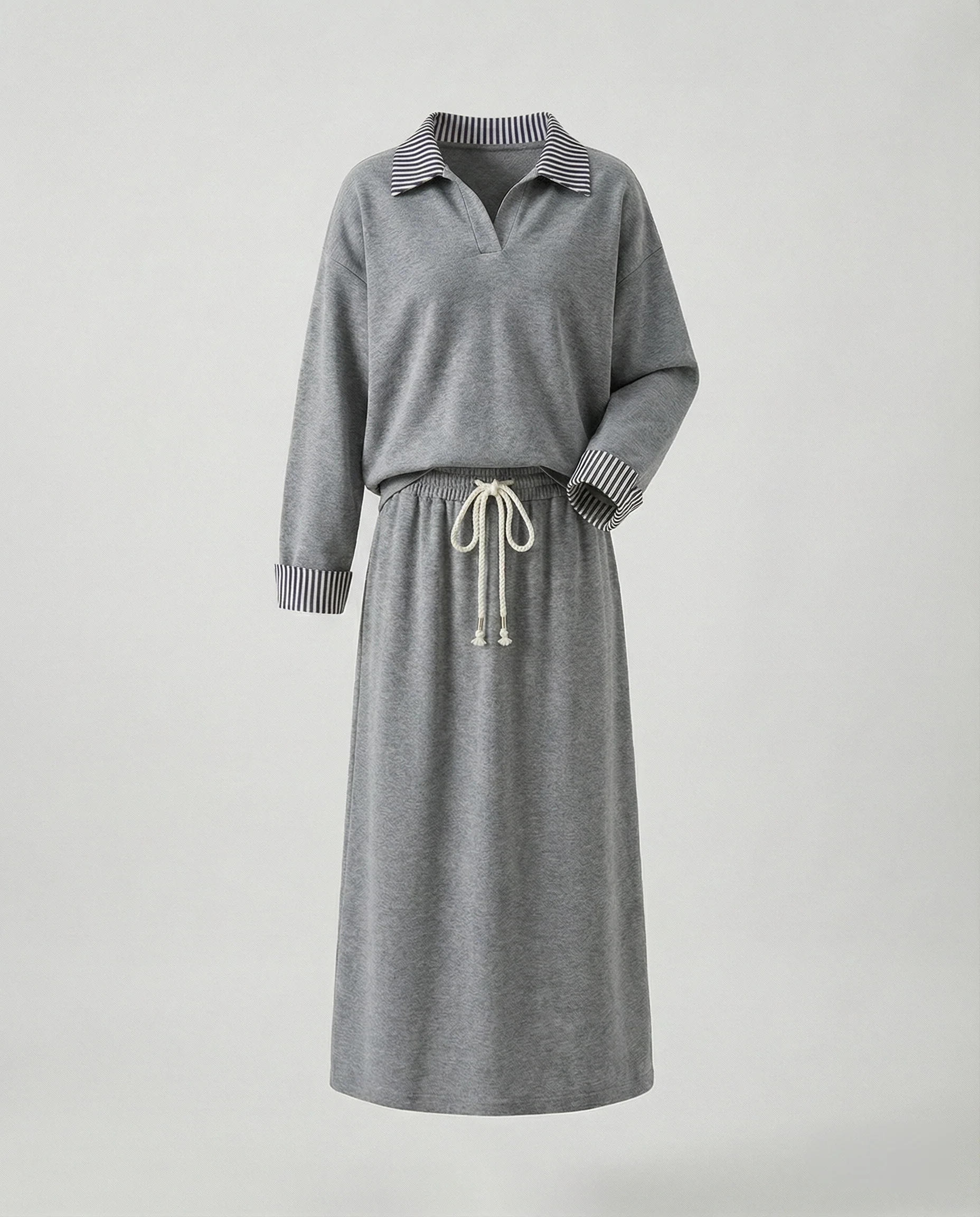 Urbanes Freizeitensemble mit Oversize-Sweatshirt, Streifenkragen und Kordelzug-Midirock Heidi Mode - Image 6
