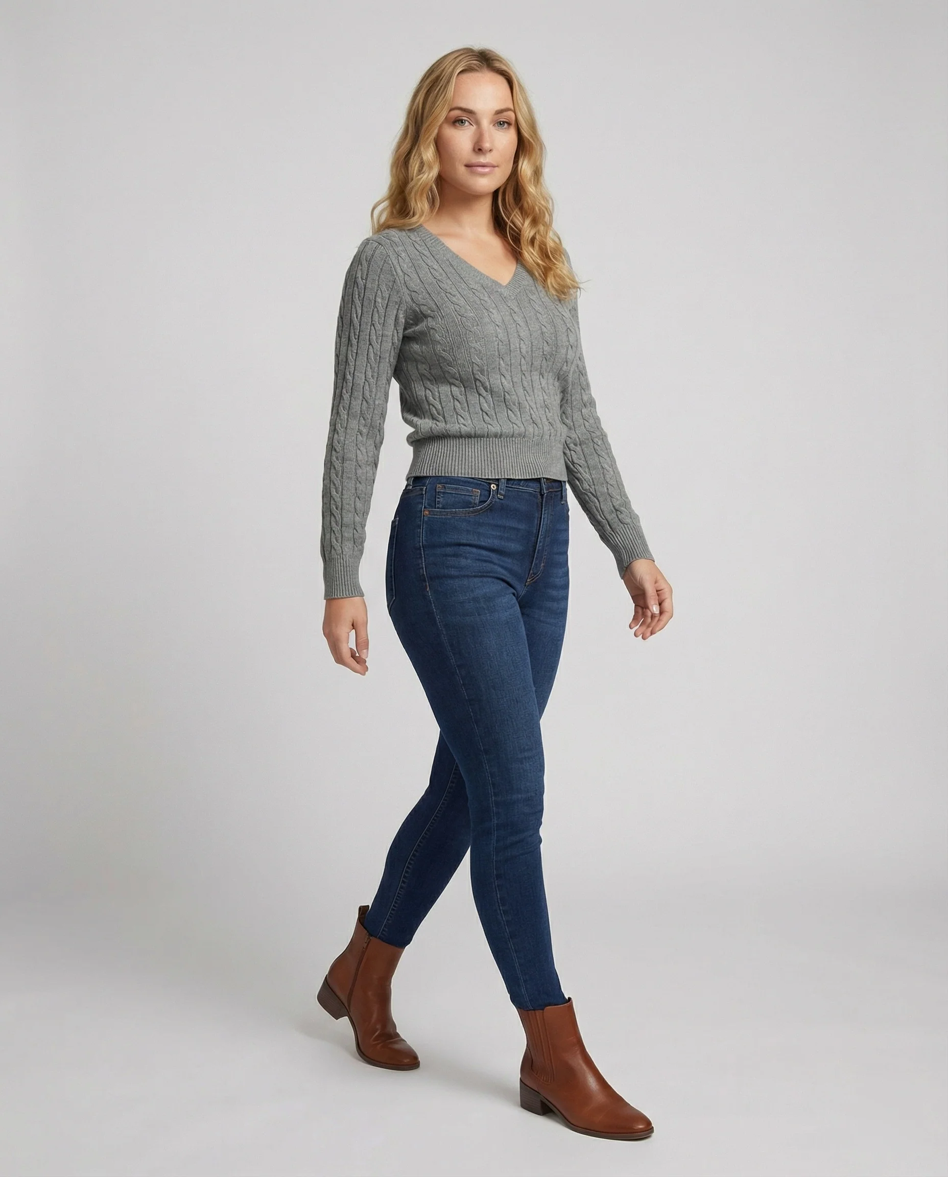 V-Ausschnitt Strickpullover Langarm Zopfmuster Damen Basic - Image 3