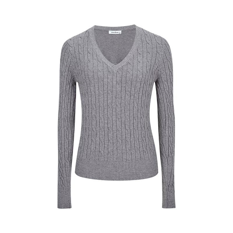 V-Ausschnitt Strickpullover Langarm Zopfmuster Damen Basic - Image 5